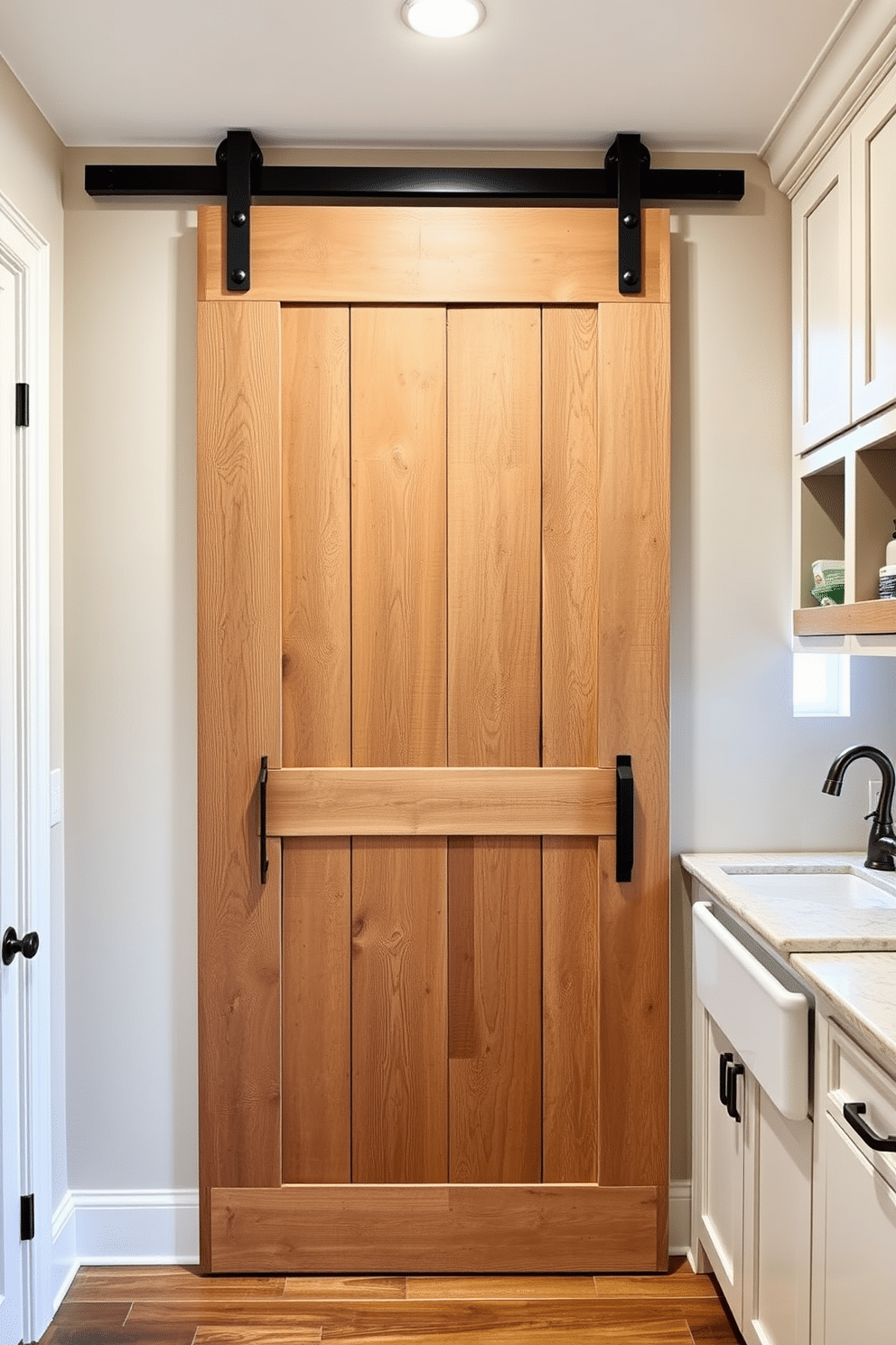 A rustic barn door made of reclaimed wood serves as a stylish entry, adding charm and character to the space. The door features wrought iron hardware, enhancing its farmhouse aesthetic while providing a warm welcome. The large laundry room boasts ample storage with custom cabinetry and open shelving for easy organization. Bright, energy-efficient lighting illuminates the room, while a farmhouse sink and a spacious countertop offer functionality and style.