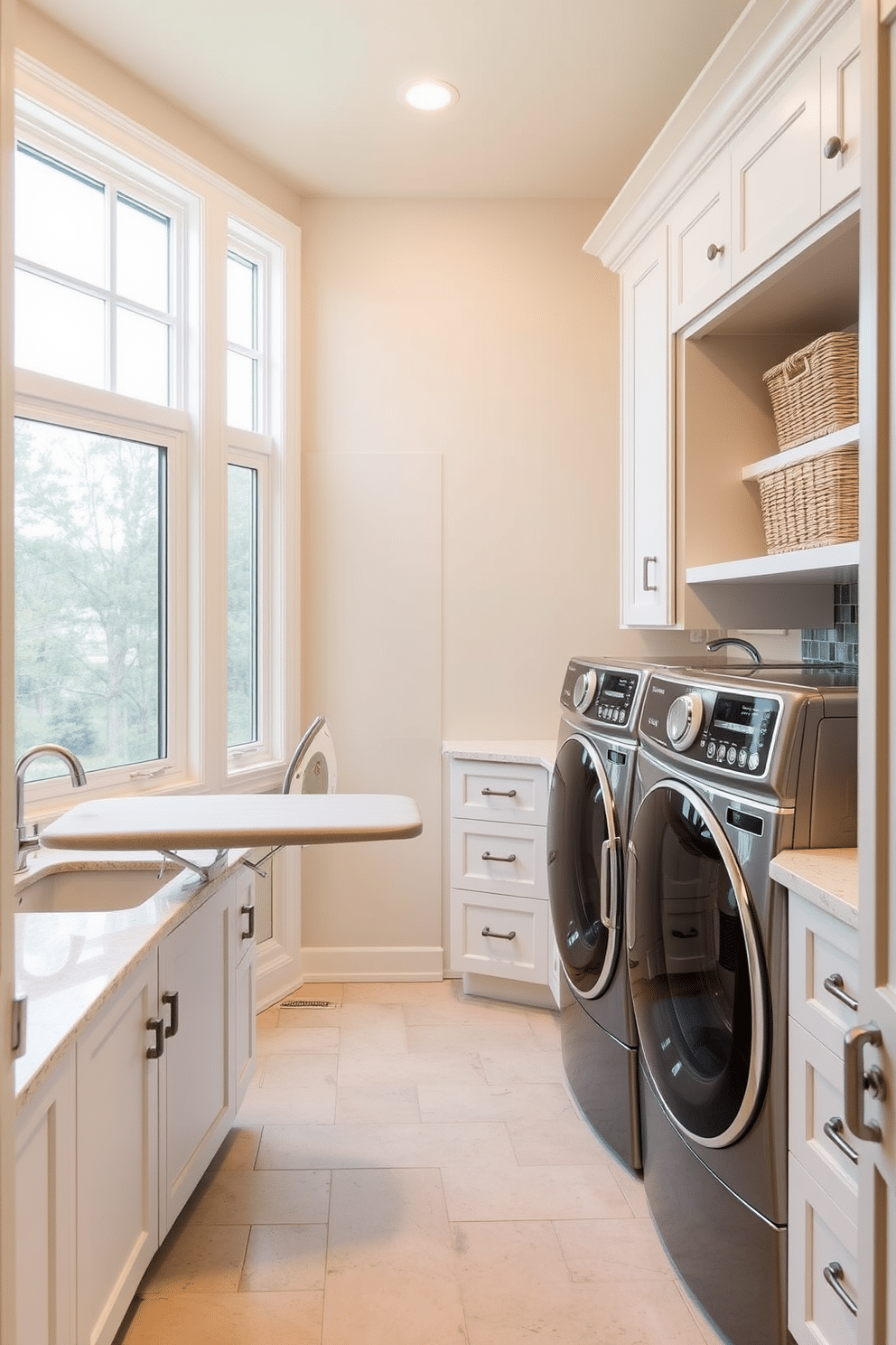 A spacious laundry room features a built-in ironing board seamlessly integrated into a custom cabinetry unit, providing convenience and a clutter-free environment. The room is designed with ample storage solutions, including shelves and drawers, all in a soft, neutral color palette that enhances the overall brightness of the space. Large windows allow natural light to flood the room, highlighting the sleek countertops and modern appliances. A stylish backsplash complements the cabinetry, while decorative baskets add a touch of warmth and organization to the space.