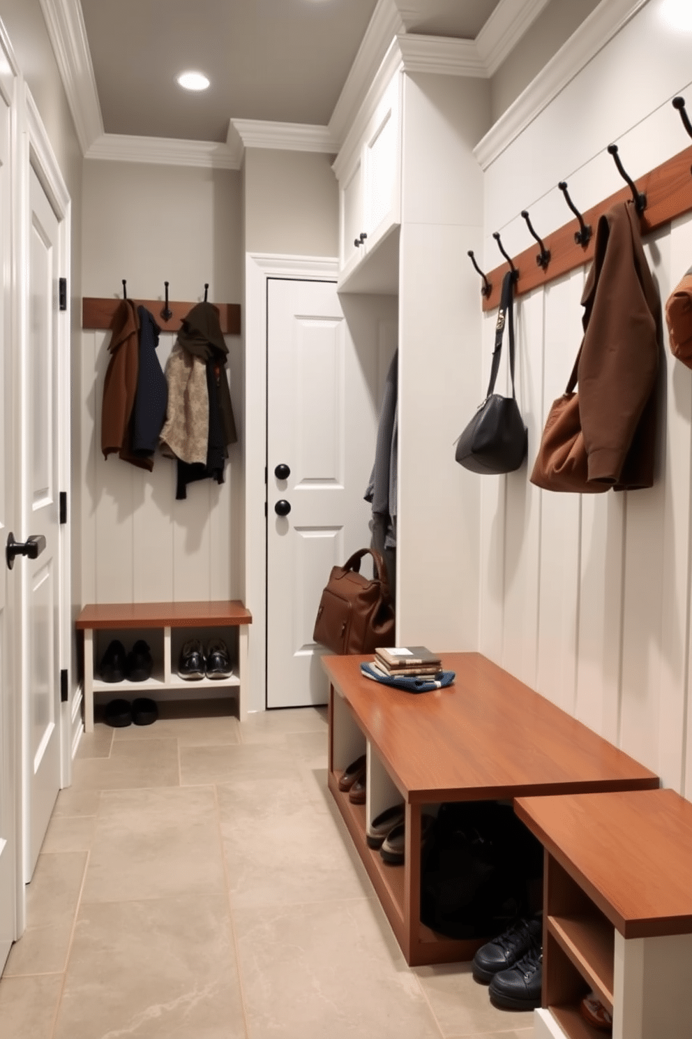 A spacious mudroom features a large bench with hidden storage underneath, perfect for keeping shoes and bags organized. The walls are adorned with hooks for coats, and the floor is covered in durable, easy-to-clean tiles in a neutral tone.