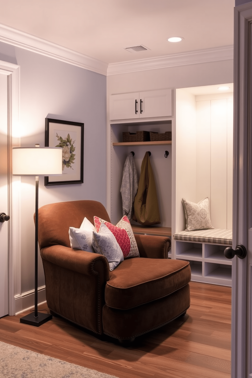 Cozy seating nook with cushions. This inviting space features a plush, oversized armchair adorned with colorful throw pillows, surrounded by warm, ambient lighting from a stylish floor lamp. Large mudroom design ideas. The mudroom boasts built-in storage benches and cubbies, with a cheerful color palette of soft blues and whites, complemented by durable, easy-to-clean flooring.