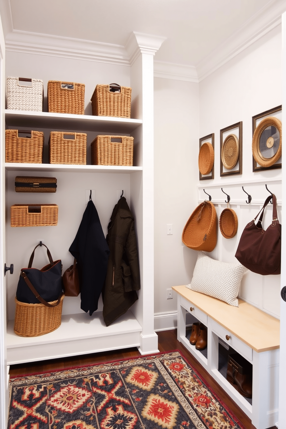 A spacious mudroom features a combination of decorative baskets for stylish storage, neatly arranged on open shelving. The baskets are woven in natural fibers, adding texture and warmth to the space, while the walls are painted a soft, inviting color. The mudroom is designed with ample hooks for coats and bags, complemented by a built-in bench for convenience. A patterned rug adds a pop of color underfoot, enhancing the overall aesthetic while providing functionality.