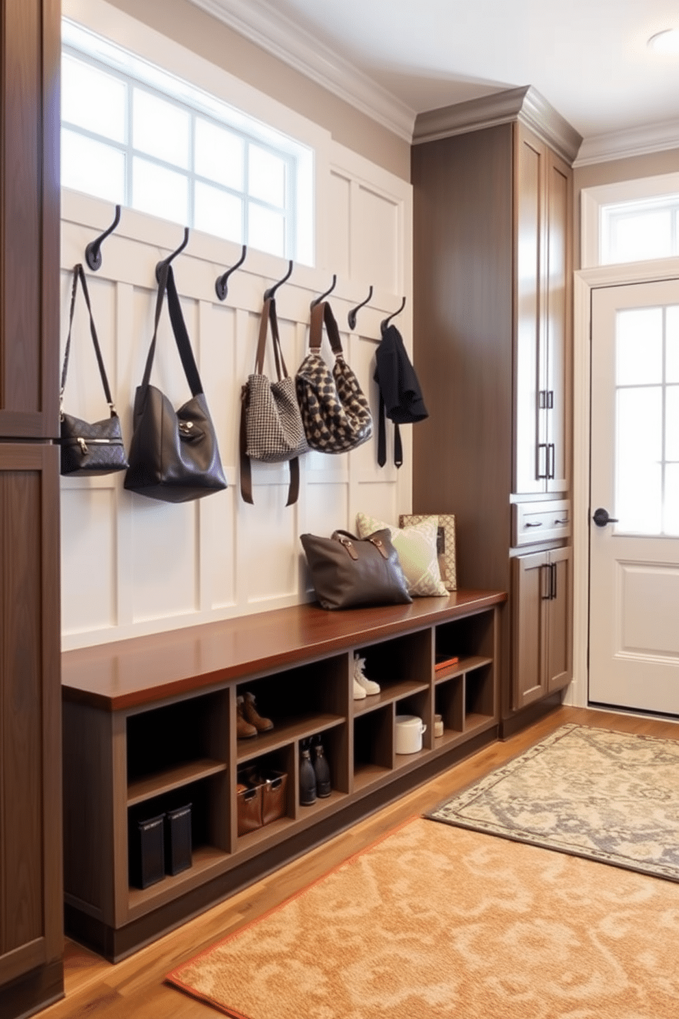 A functional drop zone for keys and bags features a built-in bench with storage cubbies underneath, perfect for organizing everyday items. The wall is adorned with hooks for coats and bags, while a stylish rug adds warmth to the space. The large mudroom design incorporates ample cabinetry for additional storage, keeping the area clutter-free. A large window allows natural light to flood the room, enhancing the welcoming atmosphere.