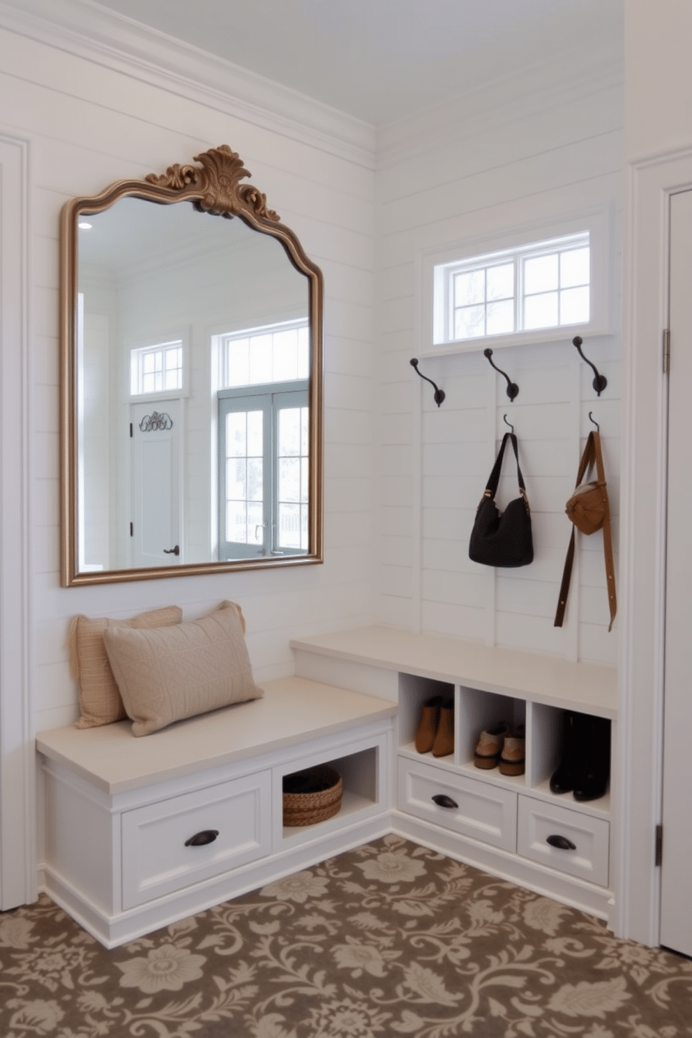 A spacious mudroom features a large, elegant mirror that reflects natural light, creating an airy atmosphere. The walls are adorned with shiplap paneling painted in a soft white, while a built-in bench with plush cushions offers a comfortable spot to sit. Storage solutions include open cubbies for shoes and baskets, paired with hooks for coats and bags. The floor is crafted from durable, patterned tile that adds a touch of style while being easy to clean.