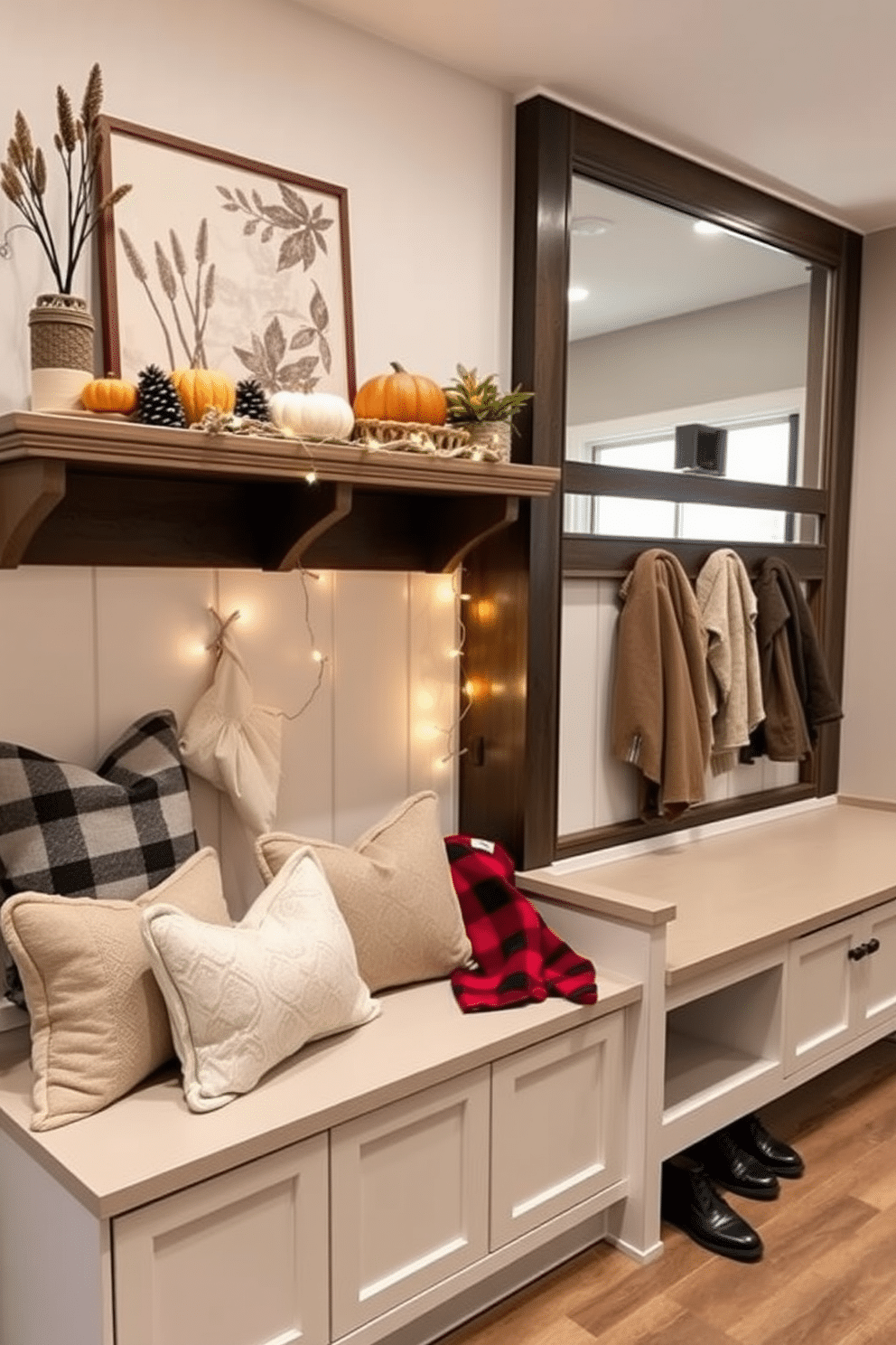 A seasonal decor display on shelves features a mix of autumn and winter elements. On the top shelf, there are small pumpkins and pinecones, while the lower shelf showcases cozy blankets and twinkling fairy lights. The large mudroom design includes built-in benches with plush cushions and ample storage for shoes and coats. The walls are adorned with hooks and a large mirror, creating a functional and inviting entryway.