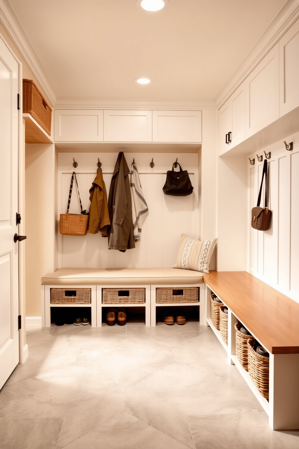 A spacious mudroom designed with a neutral color palette creates a calming atmosphere. The walls are painted in soft beige, complemented by white cabinetry and natural wood accents. The floor features durable, light gray tiles that are easy to maintain, while a large bench with plush cushions invites relaxation. Hooks line the wall for coats, and woven baskets provide stylish storage for shoes and accessories.