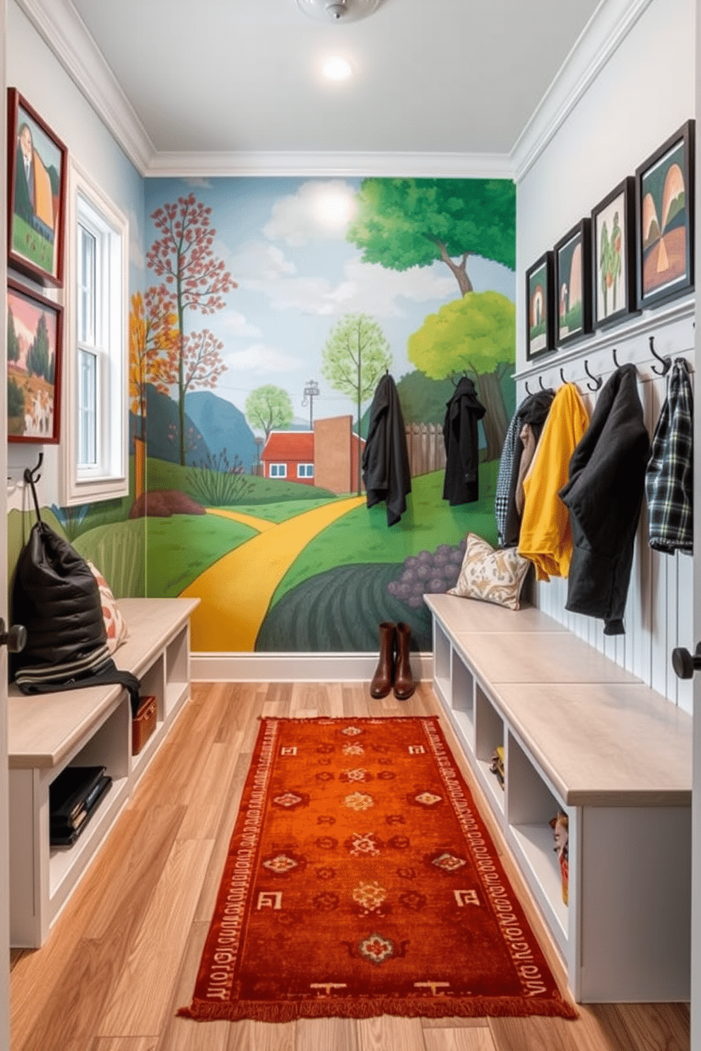 A vibrant mudroom filled with personality features a large, colorful mural that reflects the homeowner's style. The space includes built-in benches with plush cushions and hooks for hanging coats, creating a welcoming entryway. The walls are adorned with framed artwork that showcases local artists, adding a unique touch to the room. A stylish area rug in warm tones anchors the space, while ample storage solutions keep the area organized and functional.