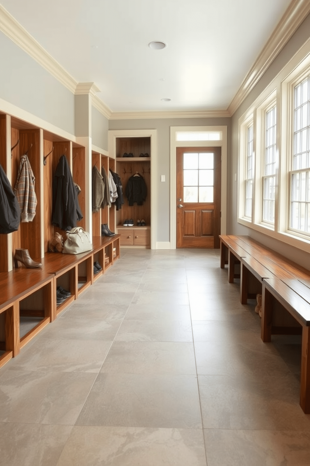 A spacious mudroom with durable materials designed for high traffic. The floor is covered in large, textured tiles that resist wear, while built-in benches with sturdy wood frames provide ample seating and storage. Along one wall, a series of cubbies and hooks are organized for easy access to coats and shoes. Large windows allow natural light to flood the space, enhancing the inviting atmosphere.