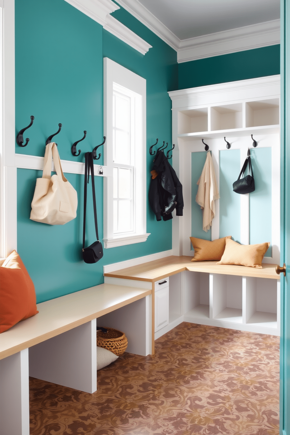 Colorful accent wall with hooks. The wall is painted in a vibrant teal, adorned with an array of stylish hooks for hanging coats and bags. Large mudroom design features ample storage with built-in benches and cubbies. The flooring is a durable, patterned tile that complements the lively wall color while providing functionality.