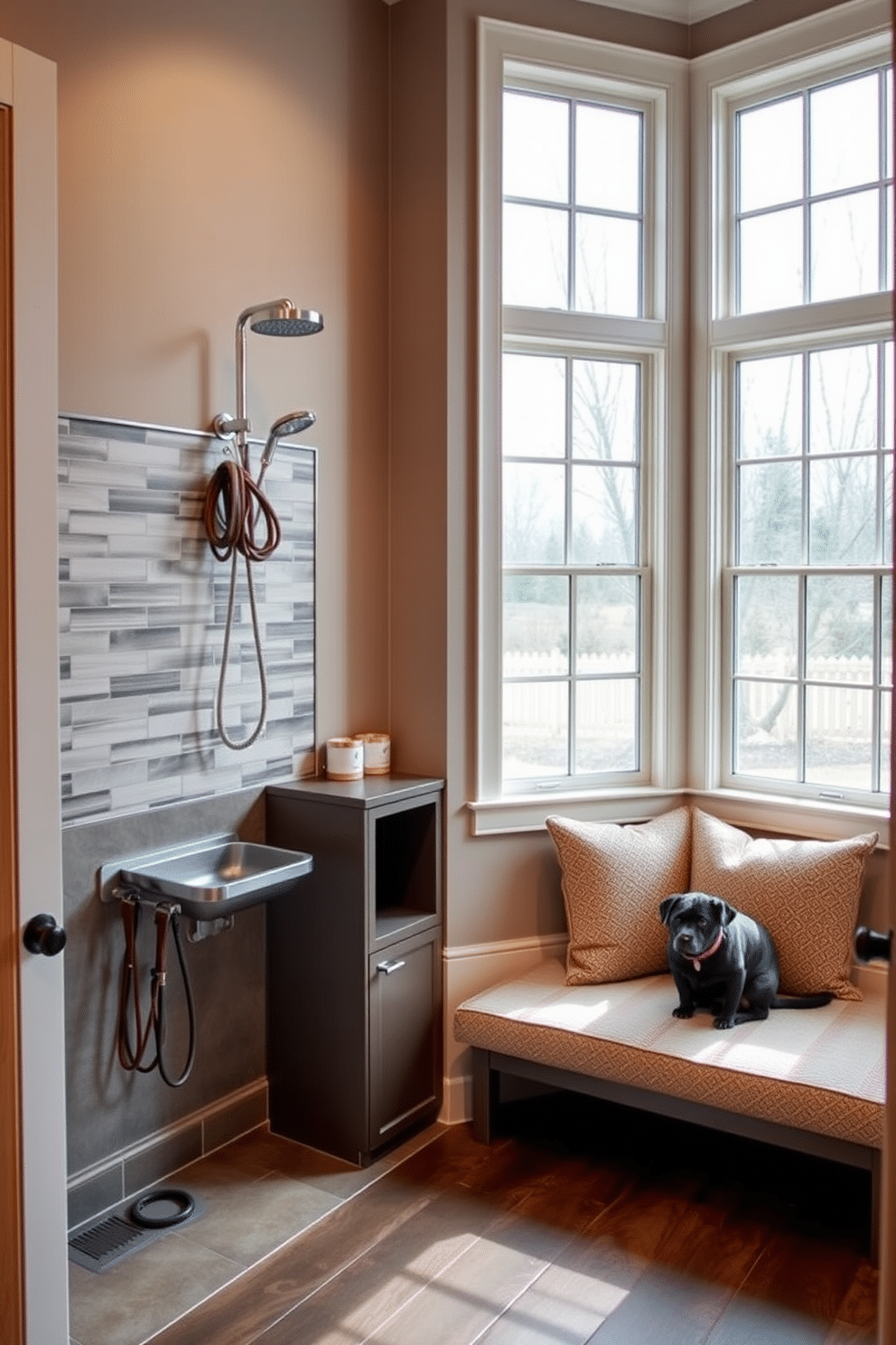 A spacious mudroom designed for pet owners, featuring a dedicated dog wash station with a sleek, tiled backsplash and a handheld showerhead. The flooring is durable and water-resistant, complemented by built-in storage for leashes and pet supplies. The mudroom includes a cozy nook with a cushioned bench, perfect for pets to relax while their owners come and go. Large windows allow natural light to flood the space, enhancing the warm, inviting atmosphere.