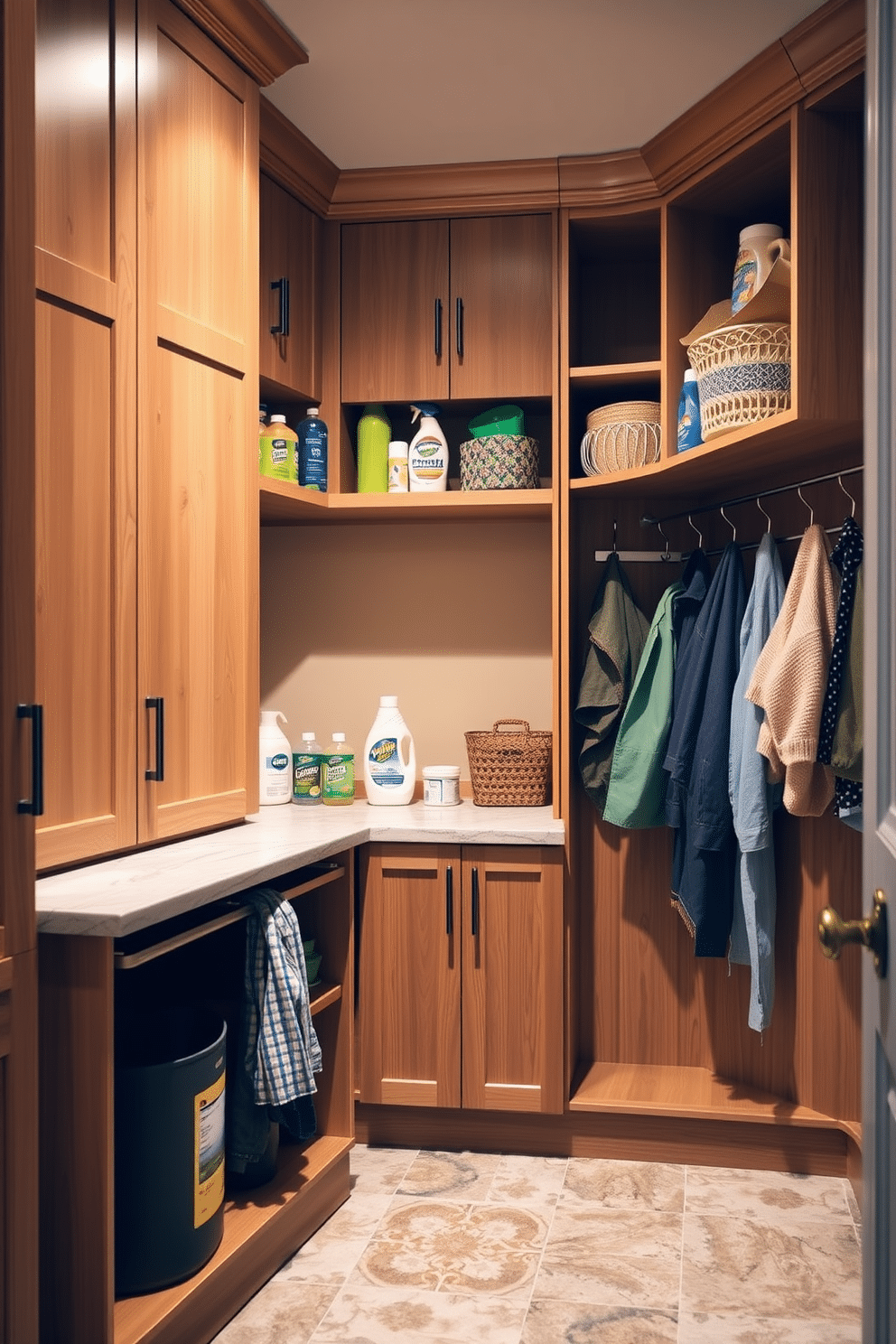 A spacious mudroom featuring vertical storage solutions for cleaning supplies. The design includes tall cabinets with pull-out shelves and hooks for hanging items, all in a warm wood finish. The mudroom is adorned with a durable, patterned tile floor that complements the cabinetry. Soft lighting illuminates the space, creating an inviting atmosphere for organization and functionality.