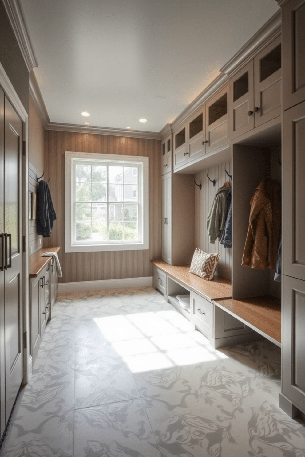 A spacious mudroom featuring built-in storage benches and hooks for coats. Accent lighting is strategically placed to highlight the textured wall panels and decorative elements, creating an inviting atmosphere. The floor is adorned with durable, patterned tiles that complement the cabinetry. A large window allows natural light to flood the space, enhancing the overall design and functionality.