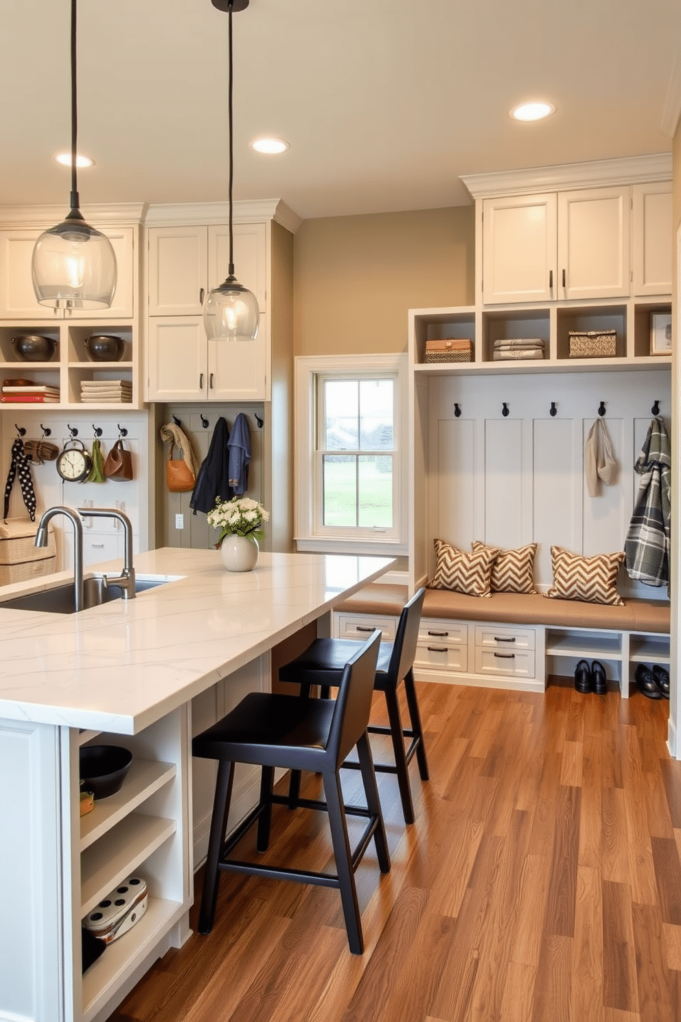 A multi-functional island with seating features a sleek quartz countertop that extends into a casual dining area. Underneath, there are spacious cabinets and open shelving for easy access to kitchen essentials, while stylish bar stools provide comfortable seating for family and friends. The large mudroom design incorporates built-in benches with cushioned seating and an array of hooks for coats and bags. A combination of cabinetry and cubbies offers organized storage for shoes and outdoor gear, all set against a backdrop of warm, inviting colors and durable flooring.