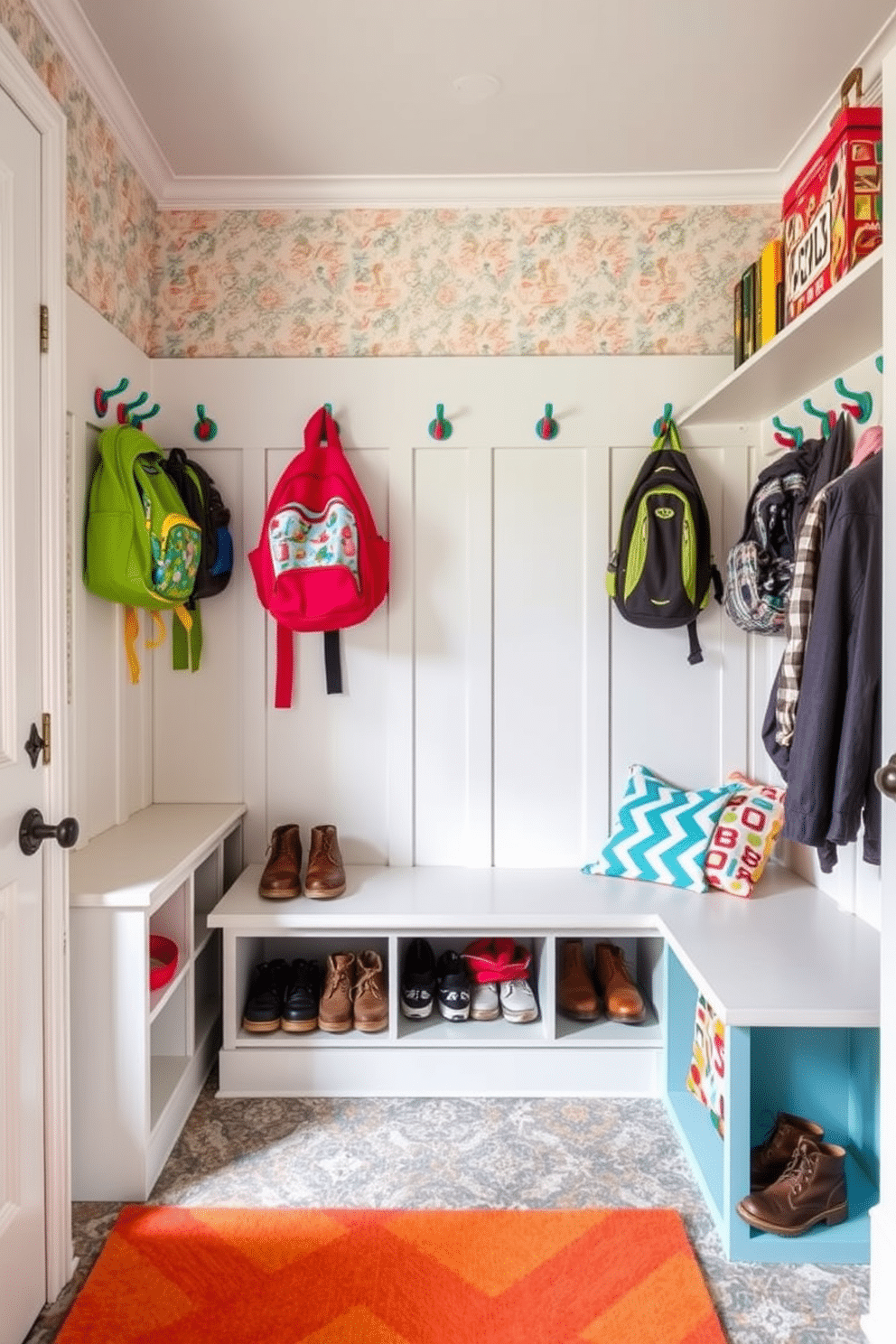 A spacious mudroom designed for children, featuring a row of colorful hooks at varying heights for easy access to backpacks and jackets. The walls are adorned with playful wallpaper, and the floor is covered in durable, patterned tiles that can withstand heavy traffic and dirt. Incorporate a built-in bench with storage underneath for shoes and outdoor gear, providing a functional yet stylish area for kids to sit while removing their footwear. Add a cheerful color palette with bright accents to create an inviting atmosphere that encourages organization and tidiness.