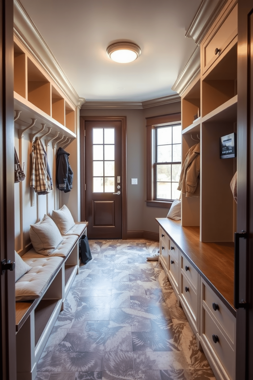 A large mudroom designed for functionality and style, featuring built-in storage benches with plush cushions and ample hooks for coats and bags. The space is illuminated by natural light from a large window, and the floor is covered with durable, patterned tile that can withstand heavy foot traffic. Incorporating smart home features, the mudroom includes automated lighting and a smart thermostat for climate control, ensuring comfort and convenience. A charging station for devices is seamlessly integrated into the cabinetry, keeping the space organized and tech-friendly.