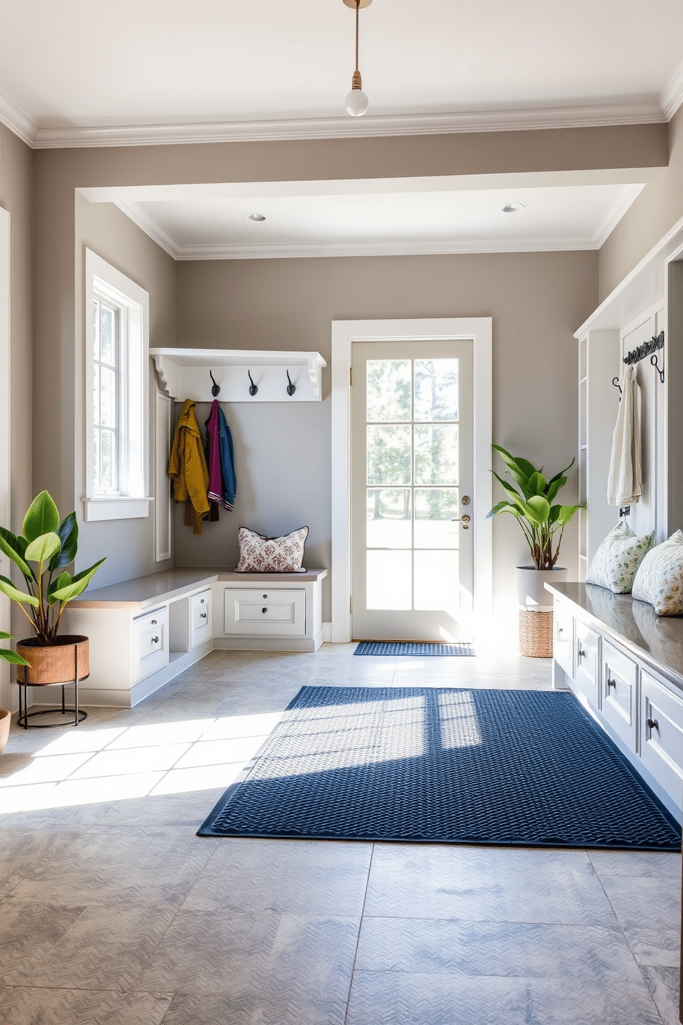 A spacious mudroom features a durable mat designed to withstand muddy shoes, ensuring easy cleanup and maintenance. The walls are painted a soft gray, complemented by built-in storage benches and hooks for coats and bags. Natural light floods the room through a large window, highlighting the textured tile flooring that adds both style and practicality. Potted plants in the corners bring a touch of greenery, enhancing the welcoming atmosphere of this functional space.