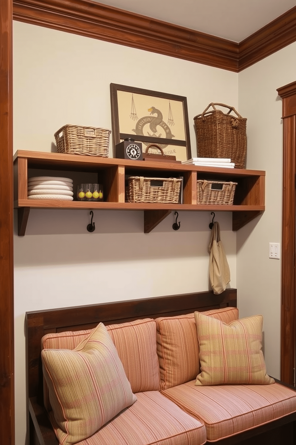 A cozy mudroom features rustic wood shelves above a comfortable seating area, providing both functionality and charm. The shelves are adorned with baskets and decorative items, while the seating is upholstered in a warm, textured fabric that invites relaxation.