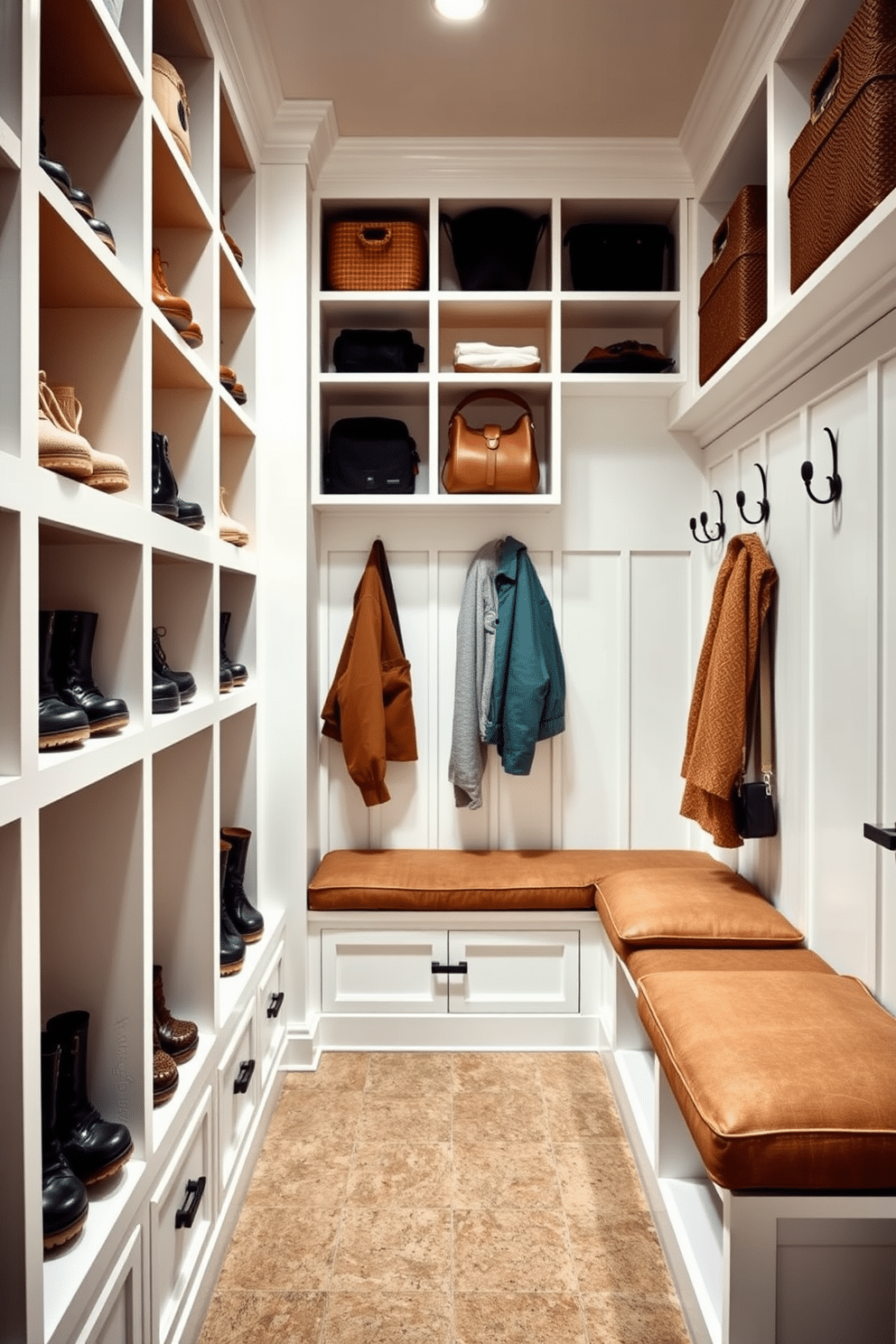 A spacious mudroom features open shelving for easy access to shoes, bags, and outdoor gear. The walls are painted a crisp white, and the flooring is a durable, textured tile that can withstand heavy traffic. Incorporated into the design are built-in benches with plush cushions, providing a comfortable spot to sit while removing footwear. Decorative hooks are mounted above the bench for hanging jackets and accessories, adding both functionality and style.