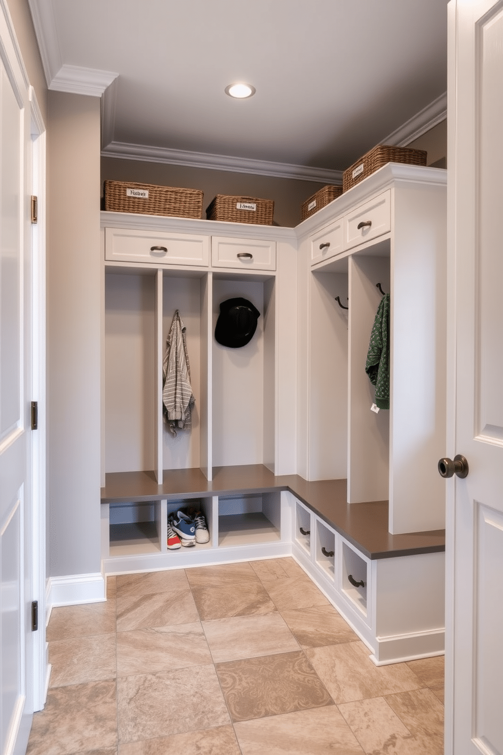 A spacious mudroom features built-in cubbies for organized storage, each adorned with personalized name tags. The walls are painted a soft gray, and the floor is covered with durable, stylish tile that can withstand heavy foot traffic.