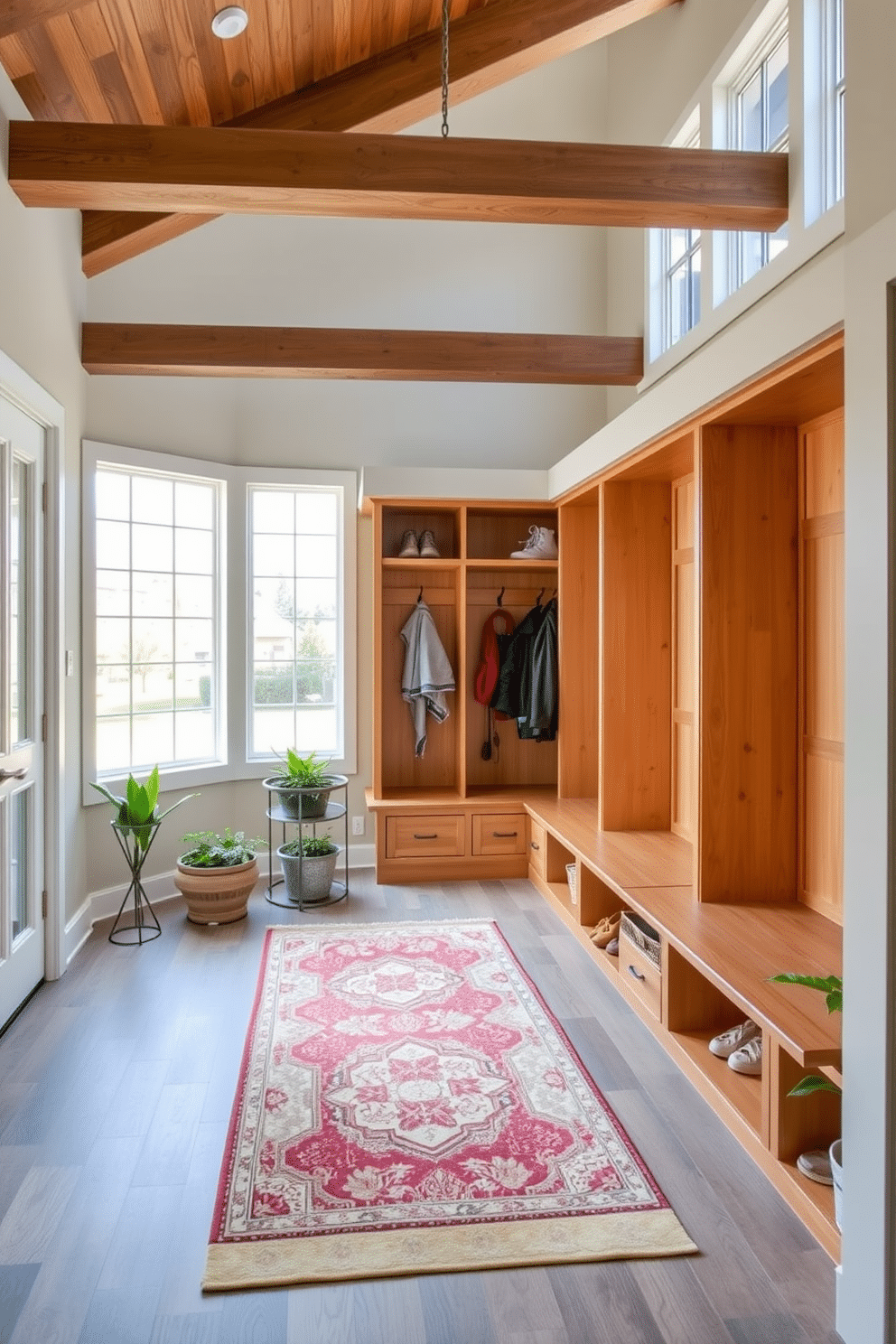 Open layout with natural light. The mudroom features spacious storage solutions with built-in benches and hooks, allowing for easy organization of coats and shoes. Large windows fill the space with sunlight, highlighting the warm wood tones of the cabinetry. A stylish area rug adds comfort and color, while potted plants bring a touch of nature indoors.