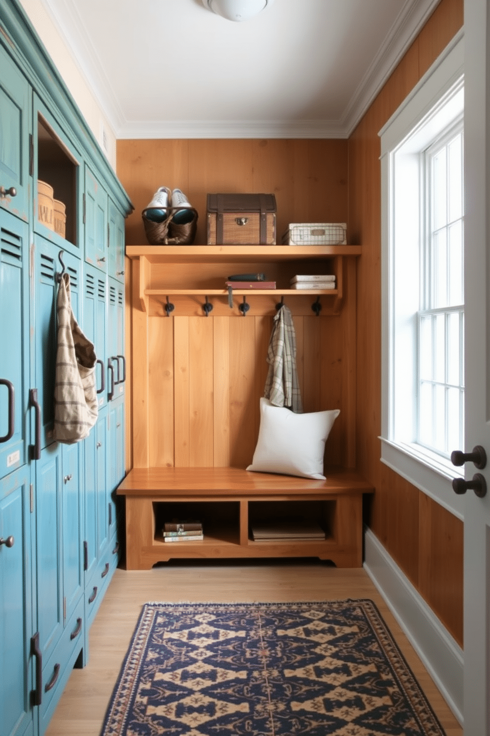 A stylish mudroom featuring vintage lockers for unique storage solutions. The lockers are painted in a distressed teal finish, providing a charming contrast to the warm wood tones of the built-in bench and shelving. The space is adorned with rustic hooks for coats and bags, while a patterned area rug adds a pop of color underfoot. Natural light floods in through a large window, creating an inviting atmosphere that blends functionality with vintage flair.