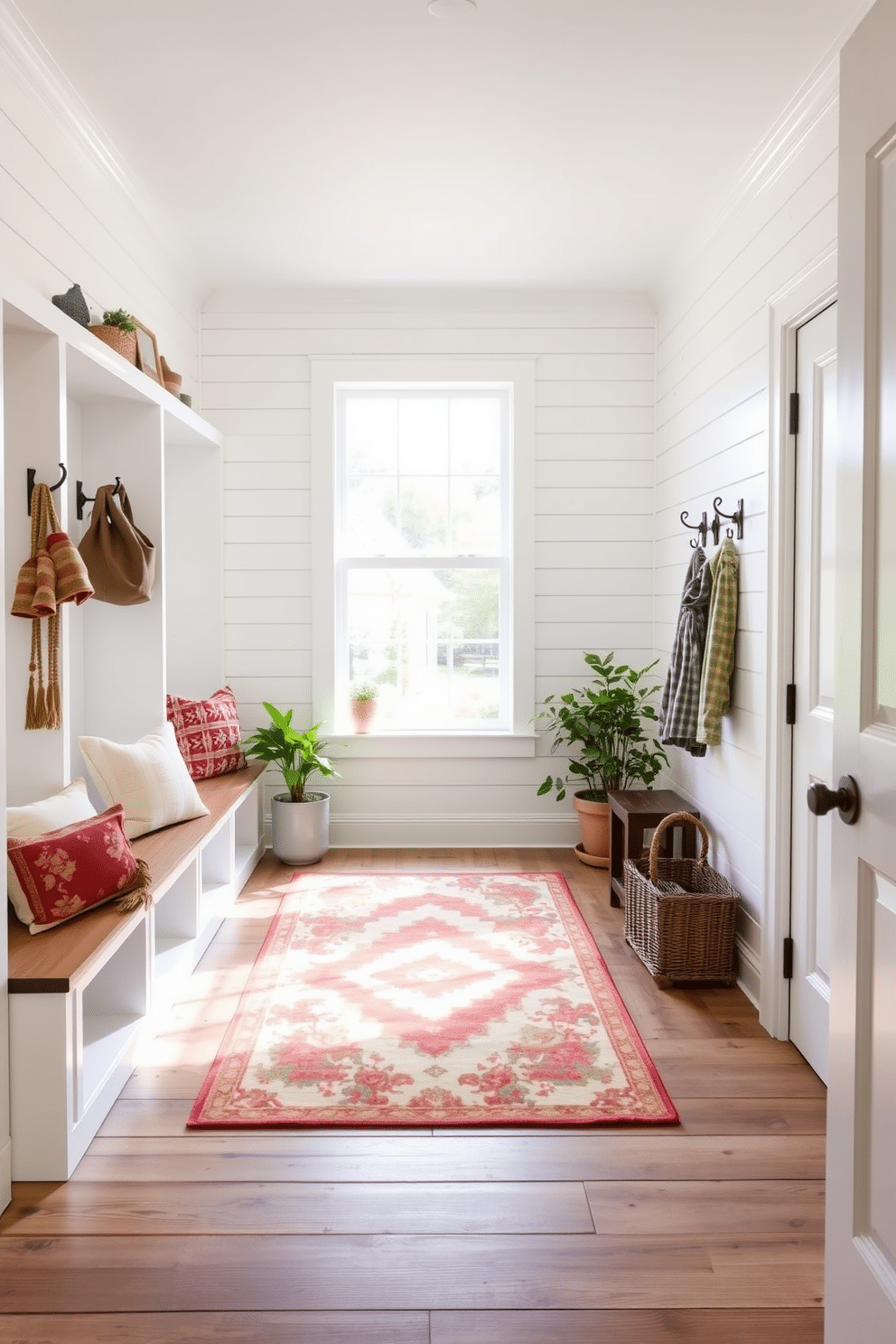 A spacious mudroom features shiplap walls painted in a soft white, creating a bright and airy atmosphere. The room is equipped with built-in benches and cubbies for storage, adorned with cozy cushions and rustic hooks for hanging coats and bags. Natural light floods in through a large window, illuminating the durable, weathered wood flooring. A vintage-style rug adds warmth to the space, while potted plants bring a touch of nature indoors.