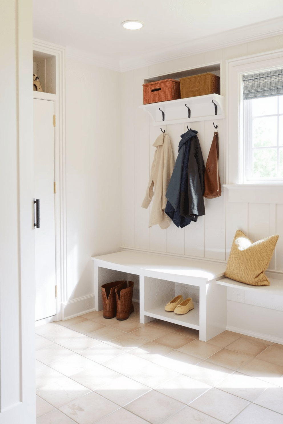 Bright tile flooring creates a welcoming and functional mudroom space, providing an easy-to-clean surface that withstands heavy foot traffic. The design features built-in storage benches and hooks for coats, ensuring a tidy and organized entryway.