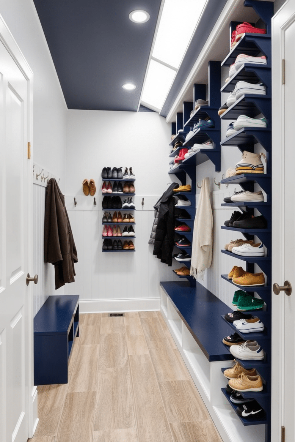 A spacious mudroom features wall-mounted shoe racks organized by color and style, maximizing space while providing easy access to footwear. The room is designed with durable materials, including a bench for seating and hooks for coats, all in a cohesive color palette of navy blue and crisp white.