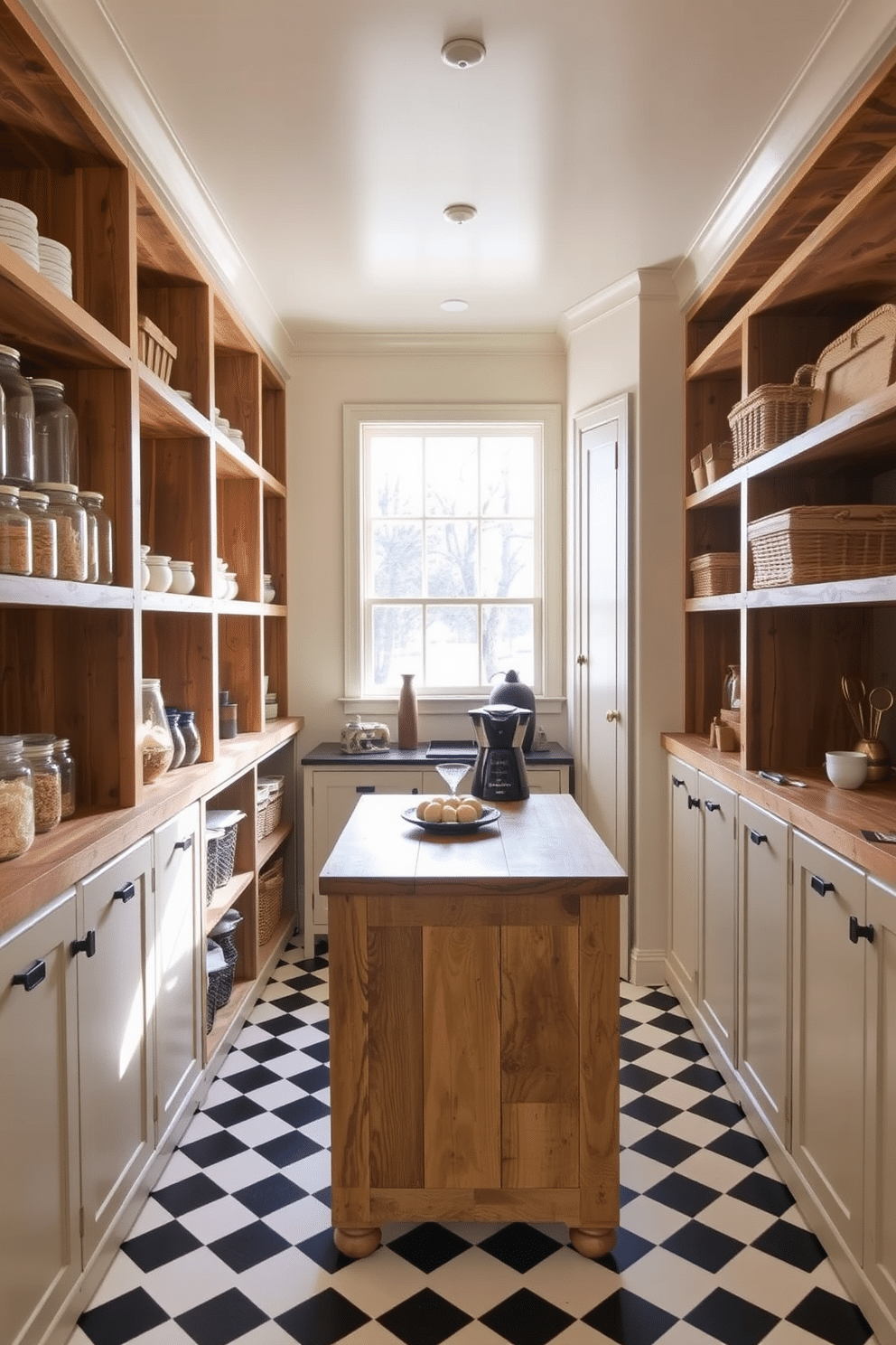 A spacious walk-in pantry featuring open shelving made of reclaimed wood, creating a warm and inviting atmosphere. The shelves are neatly organized with glass jars filled with dry goods and decorative baskets for storage, while a large window allows natural light to illuminate the space. In the center, a rustic wooden island provides additional workspace and can be used for meal prep or as a coffee station. The walls are painted in a soft cream color, and the floor is adorned with classic black and white checkered tiles, enhancing the pantry's charm and functionality.