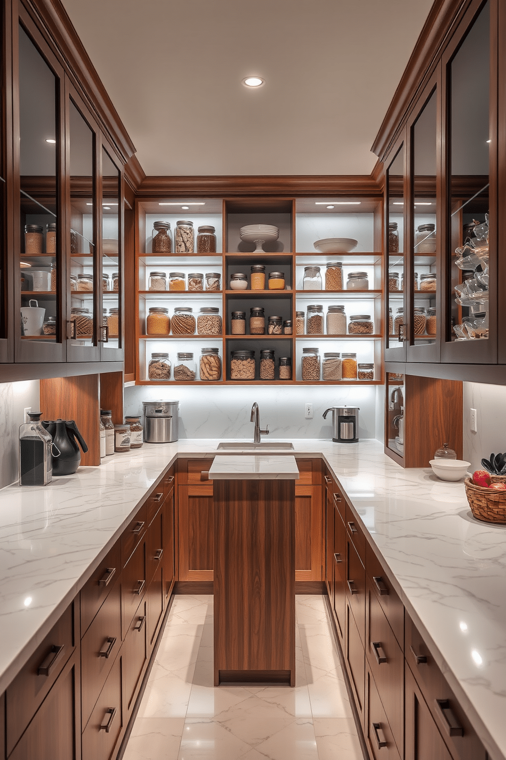 An elegant pantry featuring sleek marble countertops that reflect the soft ambient lighting. The cabinetry is crafted from rich wood, providing a warm contrast to the cool tones of the marble. Open shelving displays neatly organized glass jars filled with various ingredients, adding both functionality and aesthetic appeal. A small, stylish island in the center offers additional workspace and serves as a cozy spot for quick meals.