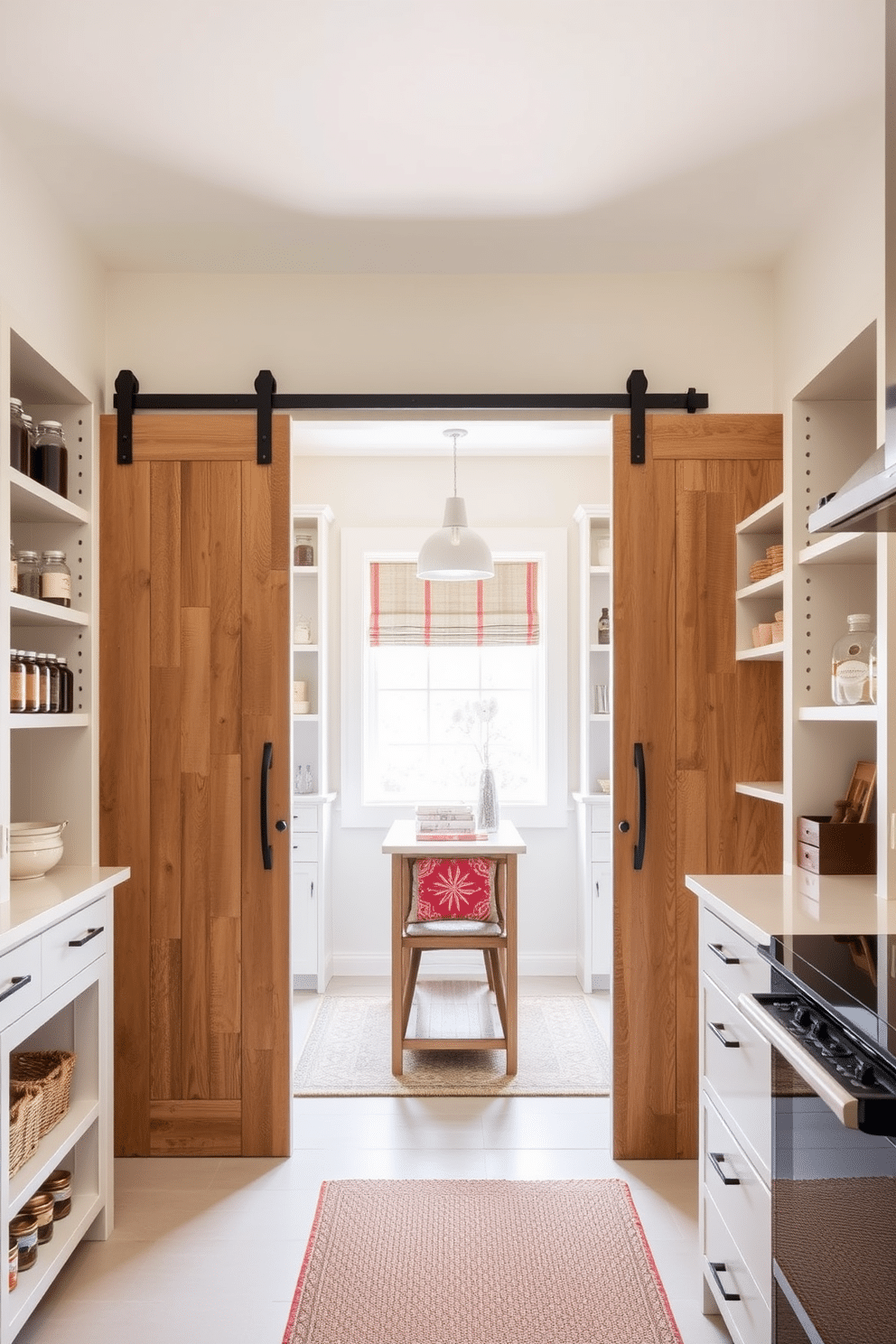 A spacious pantry featuring a sliding barn door made of reclaimed wood, adding a rustic charm to the modern kitchen. Inside, ample shelving displays neatly organized jars and containers, while a small island in the center provides additional workspace and storage. The walls are painted in a soft cream color, enhancing the bright and airy feel of the space. A cozy reading nook with a small chair and a window allows for natural light to flood in, making the pantry a functional yet inviting area.