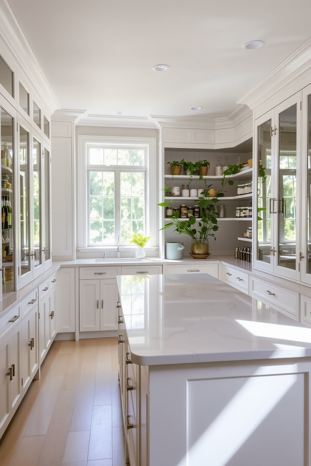 A bright pantry filled with ample natural light. The space features white cabinetry with glass fronts, showcasing neatly organized jars and containers. A large island in the center provides additional storage and workspace, topped with a light-colored quartz countertop. Sunlight streams through a large window, illuminating the room and highlighting the vibrant green plants placed on the shelves.