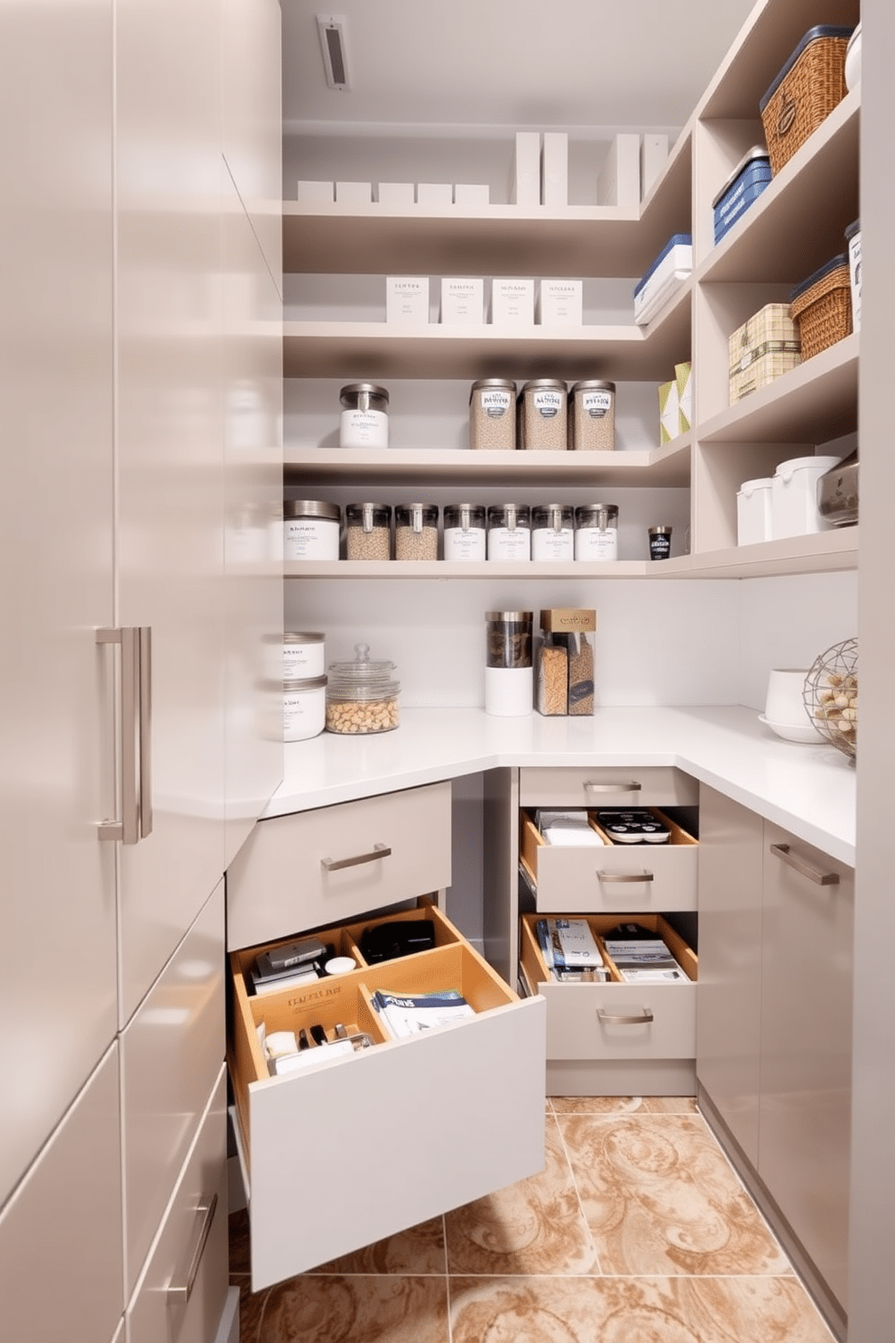 A functional pantry designed with pull-out drawers for easy access to stored items. The cabinetry features a sleek finish, complemented by organized shelves that maximize space and efficiency. The walls are painted in a light, neutral tone to create an airy feel, while the flooring consists of durable, easy-to-clean tiles. Decorative containers and labels enhance organization, making the pantry both practical and visually appealing.