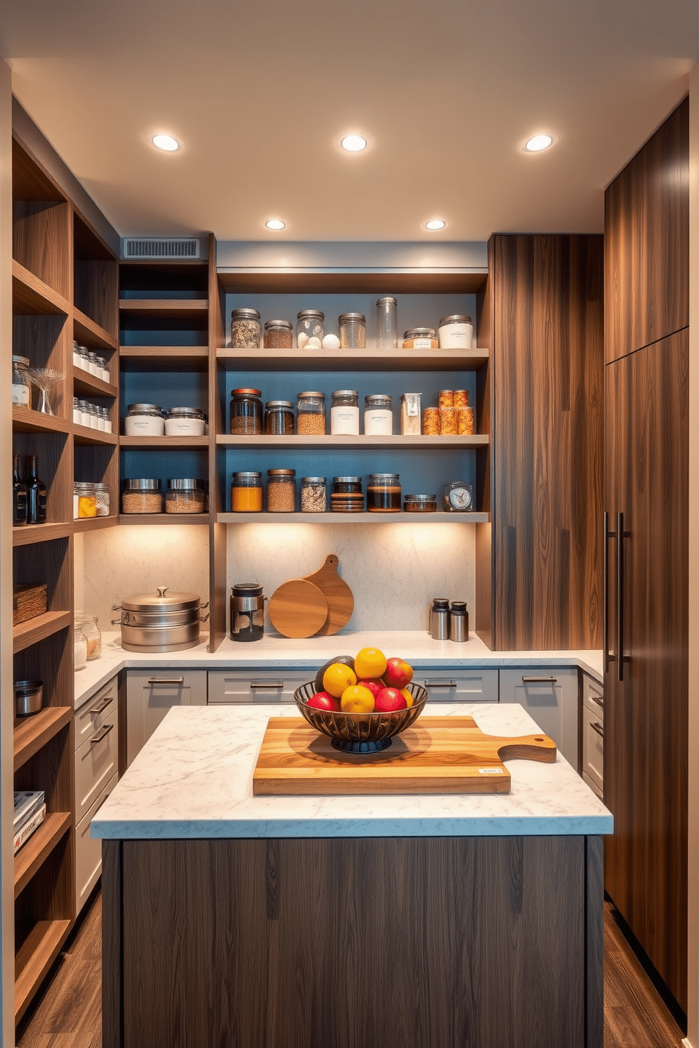 A spacious pantry featuring a combination of open shelving and closed cabinetry, showcasing a harmonious blend of functionality and style. The open shelves are filled with neatly organized jars and containers, while the closed storage offers a sleek finish with a rich wood veneer. The pantry is illuminated by warm, recessed lighting that highlights the textures of the materials used. A central island provides additional workspace, adorned with a bowl of fresh fruits and a decorative cutting board for added charm.