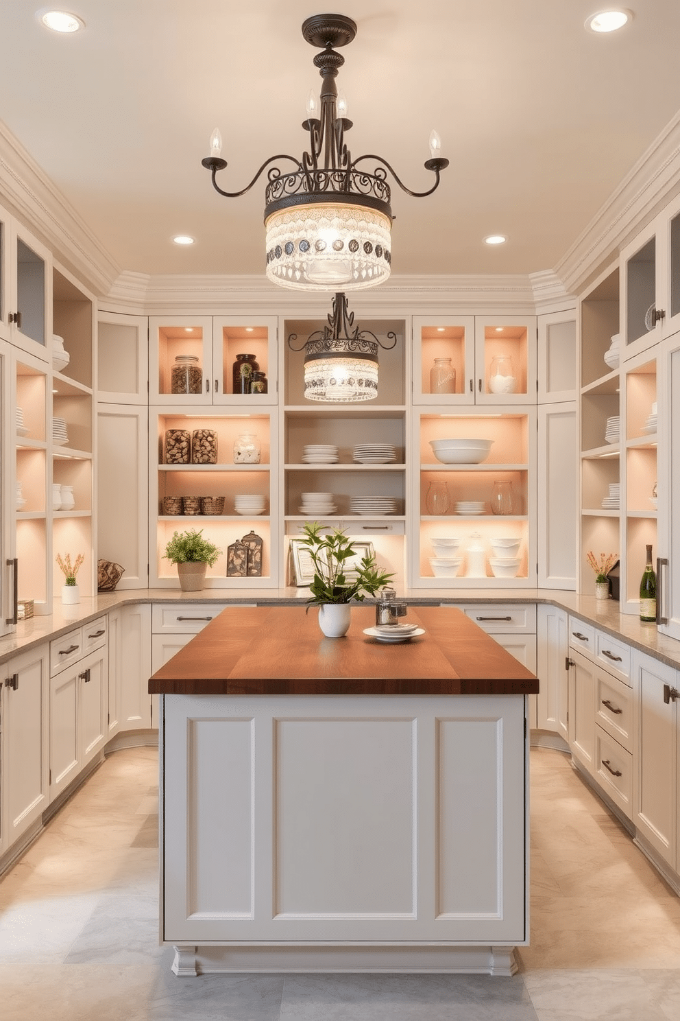 A stylish pantry featuring decorative lighting fixtures that illuminate the space with a warm glow. The cabinetry is a mix of open shelving and closed storage, showcasing organized jars and elegant dishware against a backdrop of soft, neutral colors. The pantry includes a large island in the center, topped with a polished wood surface, providing additional workspace and seating. Accents of greenery and decorative elements enhance the overall aesthetic, creating a functional yet inviting atmosphere.