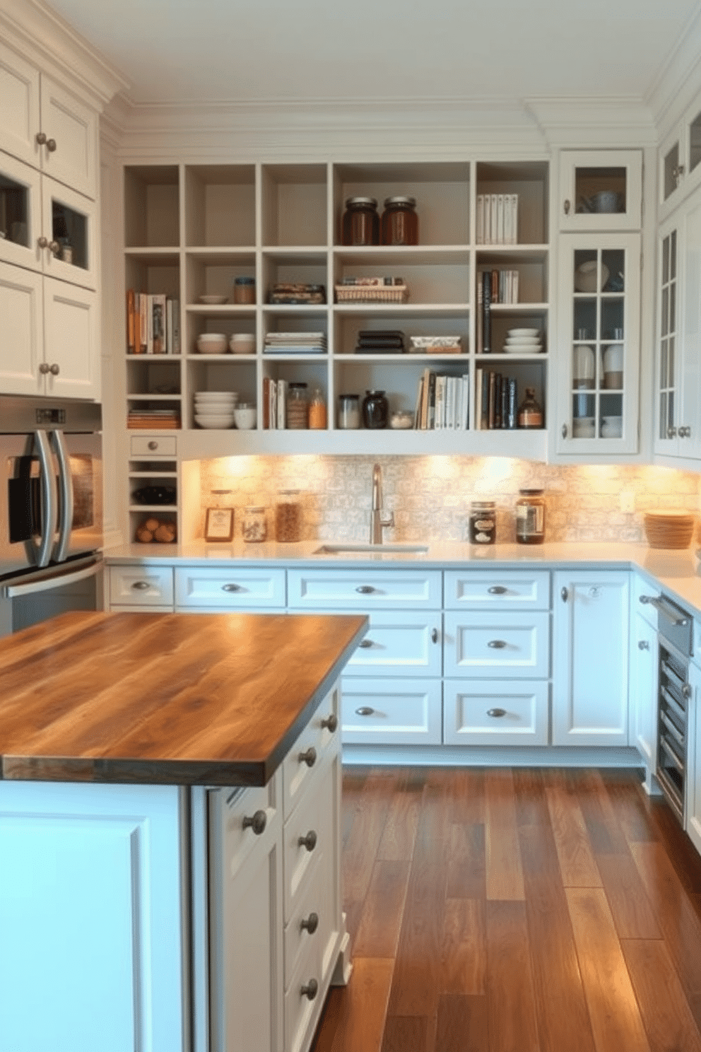 A spacious pantry island featuring a large, polished wood countertop that provides ample workspace for meal prep and organization. Surrounding the island are custom cabinetry in a soft white finish, with open shelving above displaying neatly arranged jars and cookbooks. The pantry is designed with a combination of pull-out drawers and cabinets, maximizing storage efficiency. Accent lighting under the shelves highlights the beautiful tile backsplash, creating a warm and inviting atmosphere.