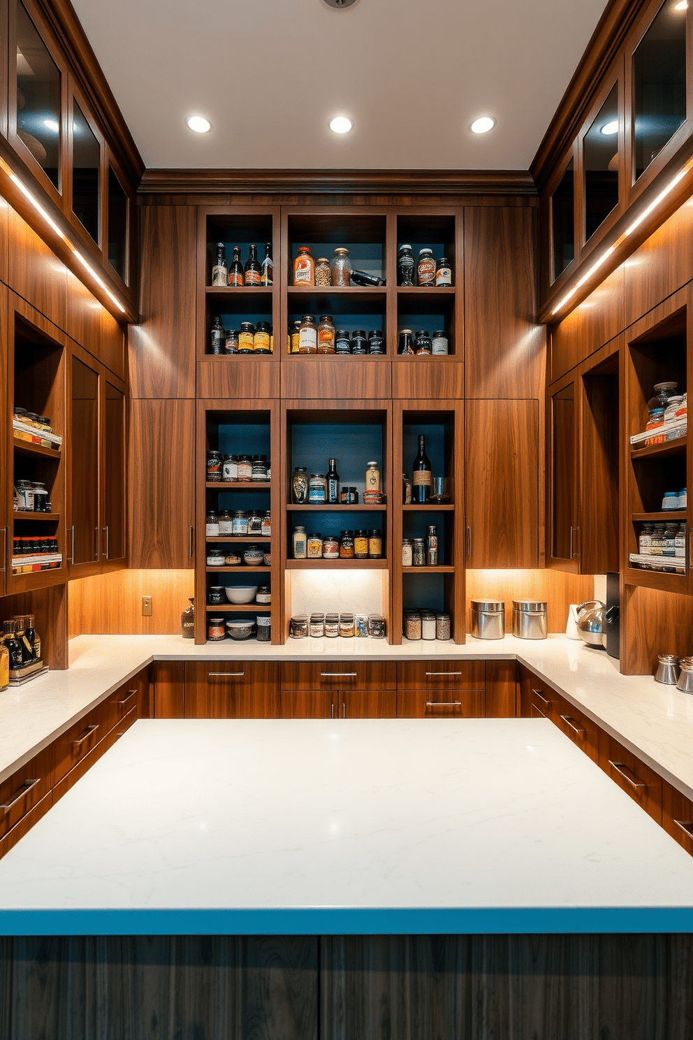 A spacious pantry featuring integrated spice racks, designed for both functionality and aesthetic appeal. The cabinetry is a rich walnut finish, with open shelving above showcasing an array of colorful spices in glass jars. The pantry includes a large island in the center for meal prep, with a sleek quartz countertop that complements the cabinetry. Soft, ambient lighting illuminates the space, highlighting the organized shelves and providing a warm, inviting atmosphere.