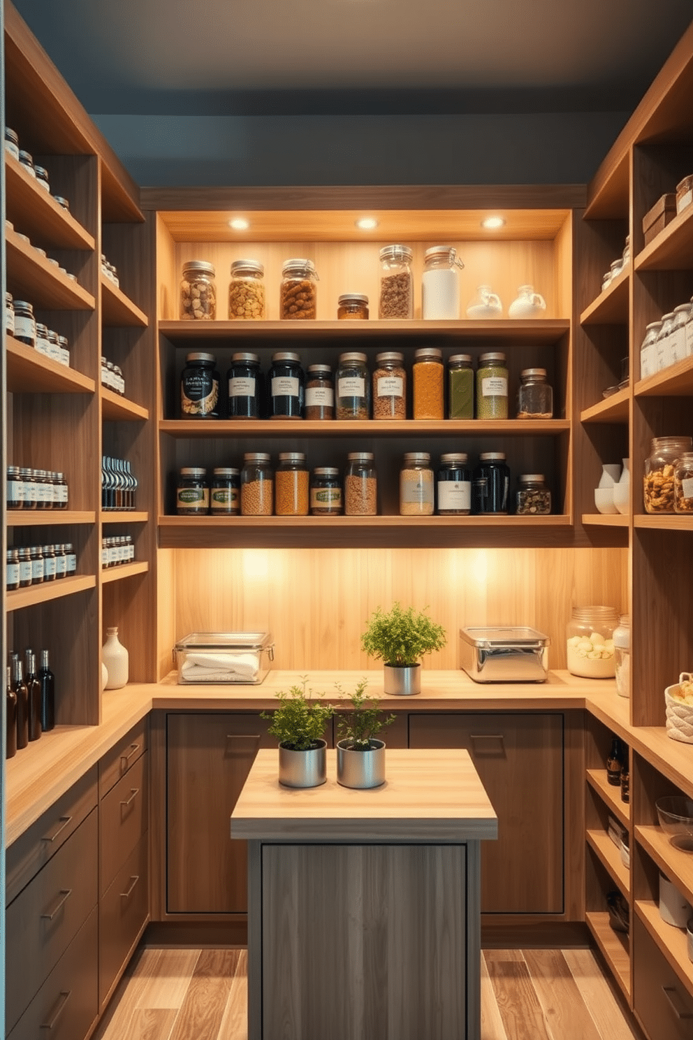 A spacious pantry featuring tiered shelving that allows for easy access to all items. The shelves are made of light wood, showcasing a variety of labeled jars and containers for organization. Soft, warm lighting illuminates the space, creating an inviting atmosphere. A small island in the center provides additional workspace and storage, adorned with fresh herbs in decorative pots.