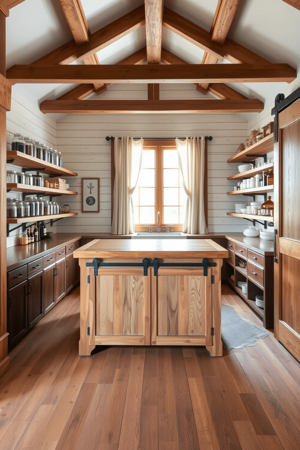 A rustic farmhouse pantry featuring exposed wooden beams and shiplap walls creates a warm and inviting atmosphere. The centerpiece is a large, handcrafted wooden island with a butcher block top, surrounded by open shelving filled with mason jars and vintage kitchenware. Natural light floods the space through a large window adorned with simple linen curtains. The floor is made of reclaimed wood, and a sliding barn door adds to the farmhouse charm while providing easy access to the main kitchen.