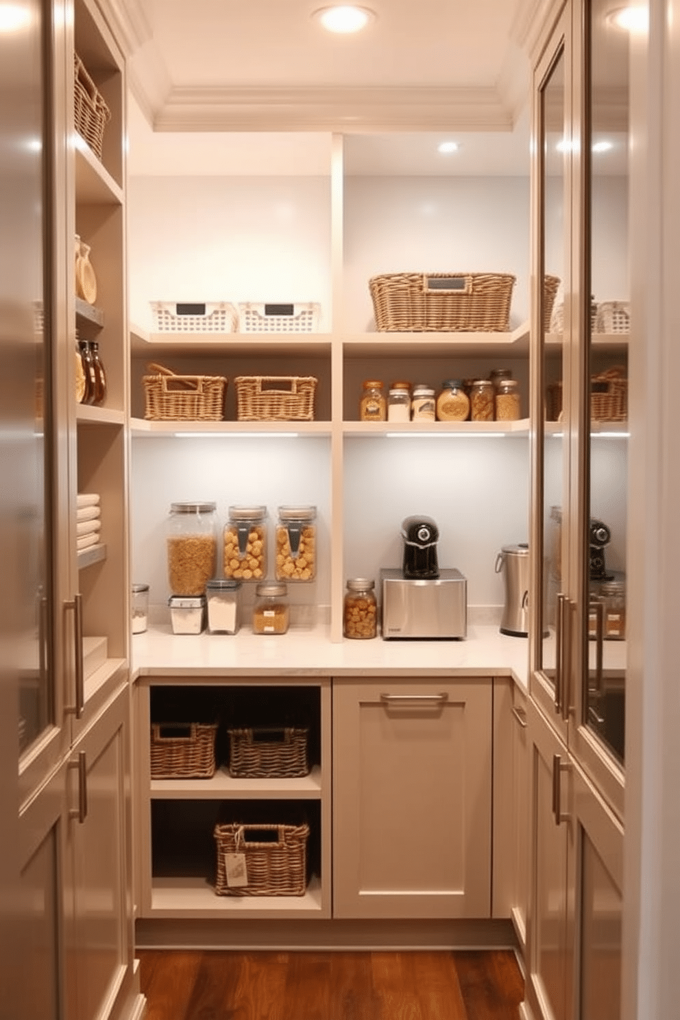 A compact pantry design for small spaces features sleek, built-in shelving that maximizes vertical storage. The walls are painted in a light, airy color, and a small countertop area provides space for meal prep, with baskets and jars neatly organized for easy access. Large pantry design ideas include expansive shelving units that can accommodate bulk storage and a dedicated area for small appliances. The design incorporates a mix of open and closed storage, with stylish cabinet doors that complement the kitchen's overall aesthetic.