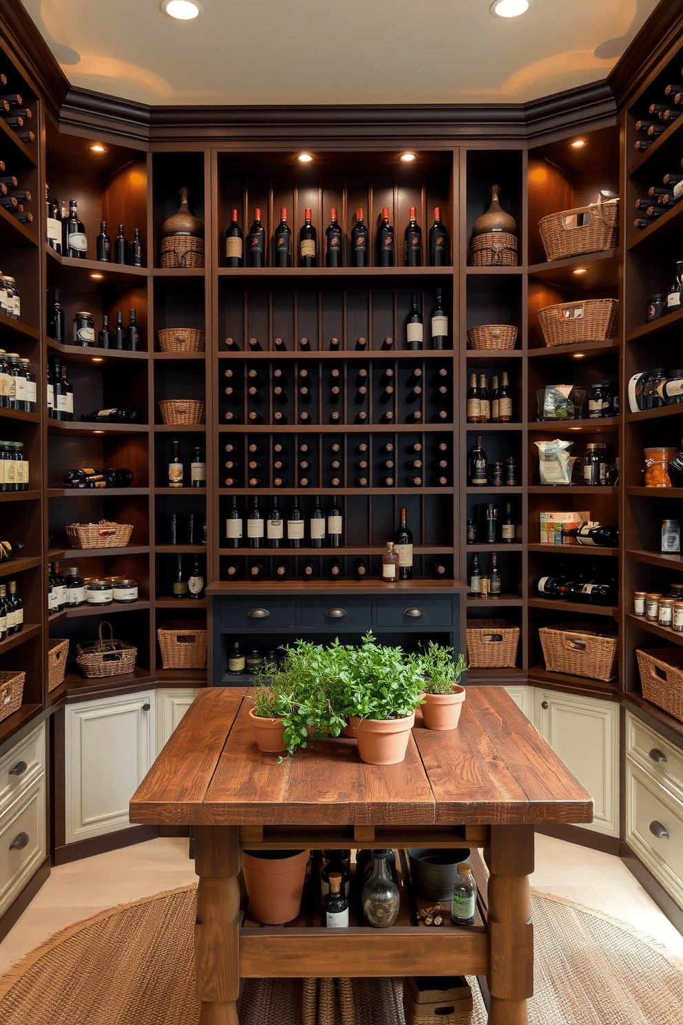 A spacious pantry featuring a built-in wine rack made of dark wood, elegantly displaying a selection of fine wines. The shelves are organized with labeled jars and baskets, while soft, warm lighting enhances the inviting atmosphere. The pantry's walls are painted in a soft cream color, complementing the rich wood tones of the wine rack. A rustic farmhouse table in the center provides additional workspace and storage, adorned with fresh herbs in terracotta pots.