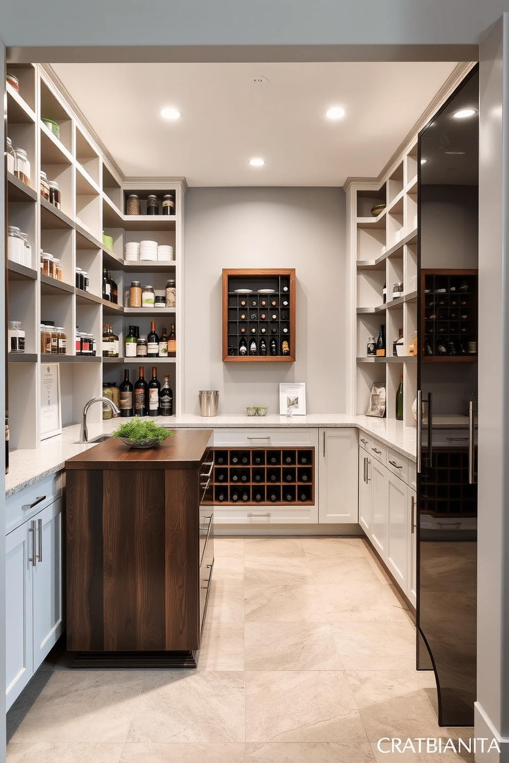 A contemporary pantry featuring sleek stainless steel accents, showcasing open shelving filled with neatly organized jars and containers. The cabinetry is a soft white, complemented by a dark wood island in the center, providing ample workspace and additional storage. The walls are painted in a light gray, enhancing the modern aesthetic, while the floor is adorned with large, polished tiles for a clean look. A built-in wine rack is displayed prominently, and fresh herbs in small pots add a touch of greenery to the space.