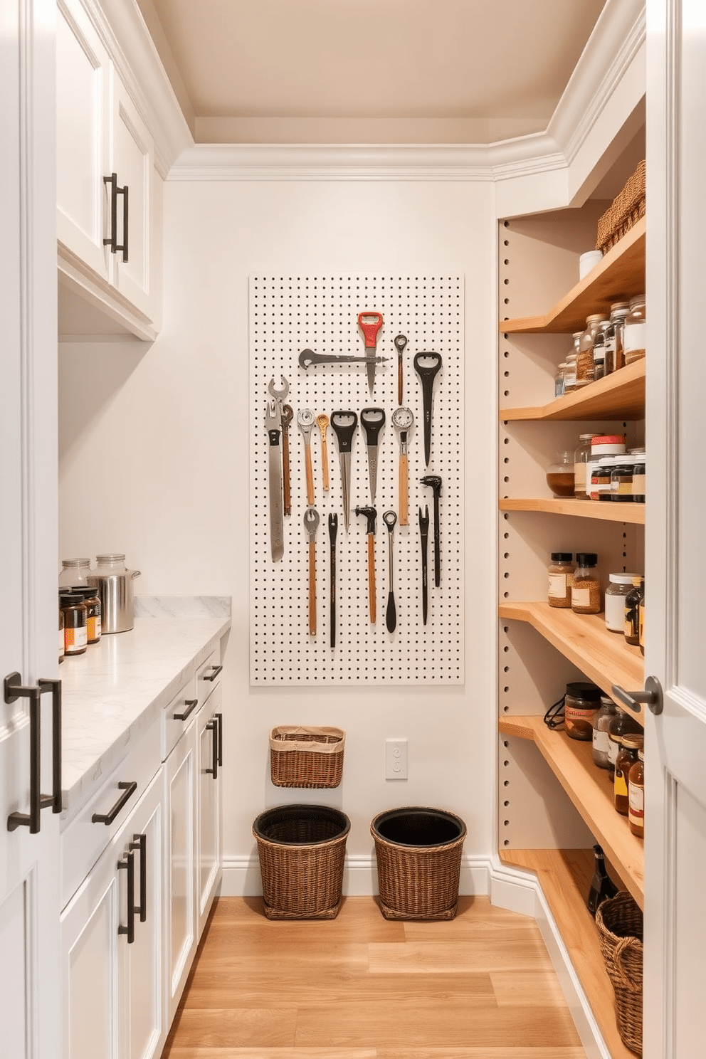 A spacious pantry design featuring a pegboard on the wall for organized tool storage, allowing easy access to kitchen essentials. The cabinetry is painted in a soft white, complemented by natural wood shelves that display jars and spices, creating an inviting and functional space.