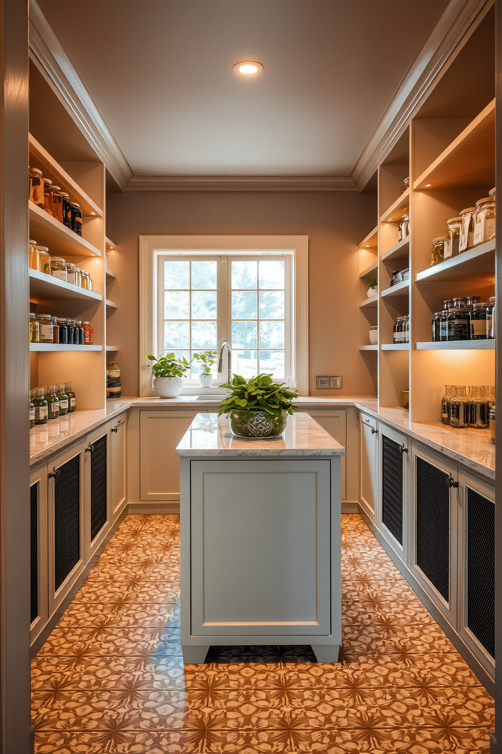 A chic pantry featuring patterned tile flooring that adds a touch of elegance and visual interest. The space is organized with open shelving displaying neatly arranged jars and containers, complemented by a stylish island in the center for additional prep space. The walls are painted in a soft, neutral tone, creating a warm and inviting atmosphere. Accent lighting highlights the pantry's features, while a small herb garden sits on the windowsill, bringing a fresh, organic element to the design.