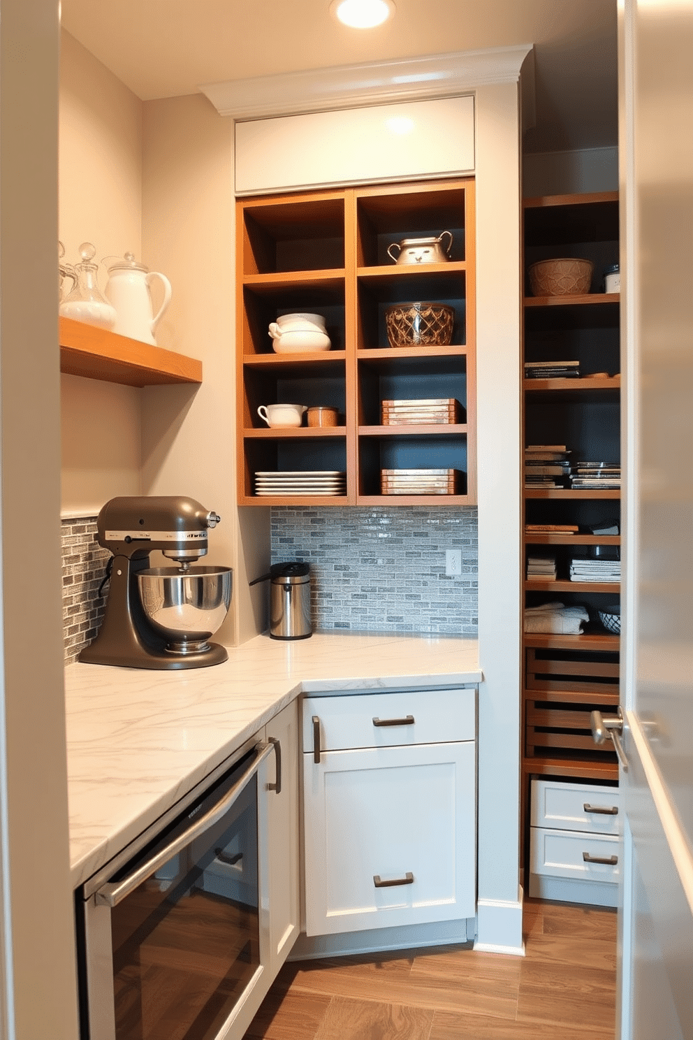 A spacious pantry features a dedicated baking station with a marble countertop and a built-in mixer stand. Shelves above the station are stocked with baking essentials, while a decorative tile backsplash adds a pop of color. The pantry is designed with ample storage, including pull-out drawers for easy access to ingredients. Soft, warm lighting illuminates the space, creating an inviting atmosphere for culinary creativity.