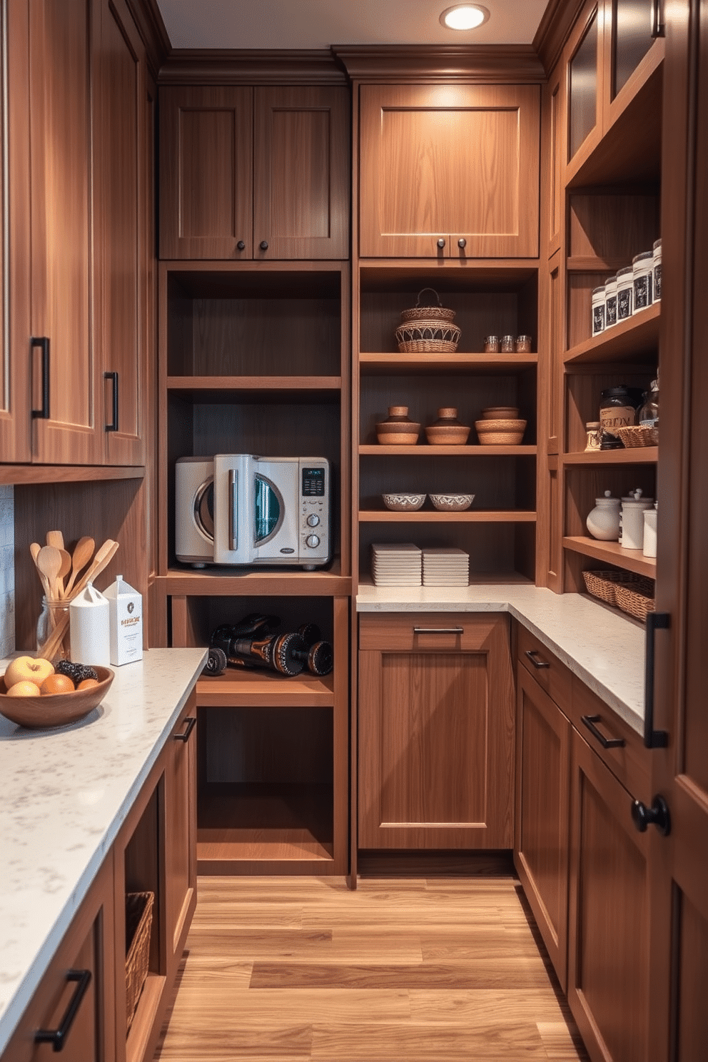 A spacious pantry featuring a hidden appliance garage seamlessly integrated into the cabinetry. The design includes ample shelving and storage solutions, with a warm color palette that enhances the inviting atmosphere.