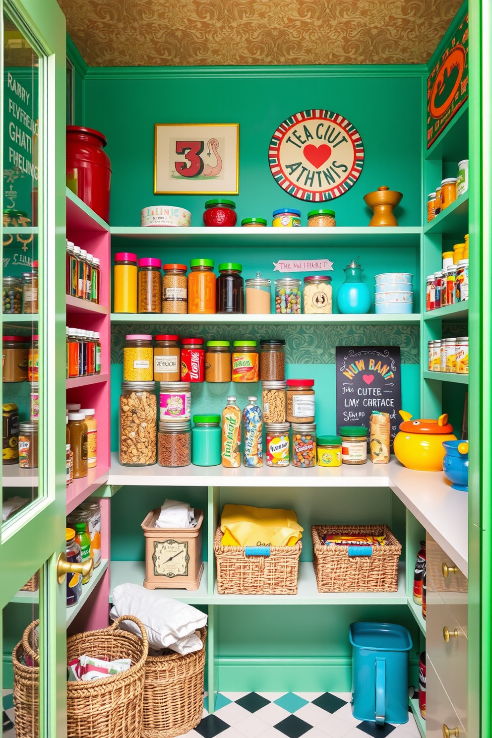 A brightly colored pantry filled with vibrant shelves displaying an array of colorful jars and containers. Fun decor elements like quirky wall art and playful signage add a whimsical touch to the space, making it both functional and inviting. The pantry features open shelving that showcases an assortment of spices, snacks, and kitchen essentials, all organized by color for a cheerful effect. A bold patterned wallpaper serves as a backdrop, while decorative baskets and playful accents complete the lively atmosphere.