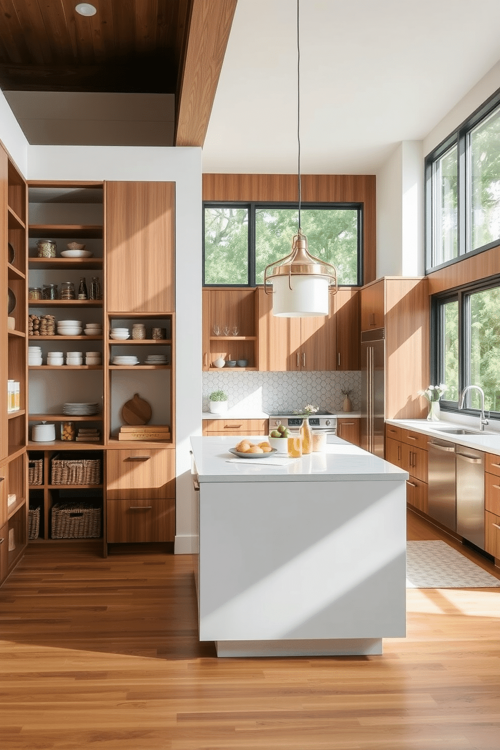 An open-concept pantry seamlessly integrates with the kitchen, featuring sleek cabinetry that matches the kitchen's design. The pantry showcases open shelving filled with organized jars and baskets, while a central island provides additional workspace and storage. Natural light floods the space through large windows, highlighting the warm wood tones and white accents. A stylish pendant light hangs above the island, creating an inviting atmosphere for cooking and entertaining.