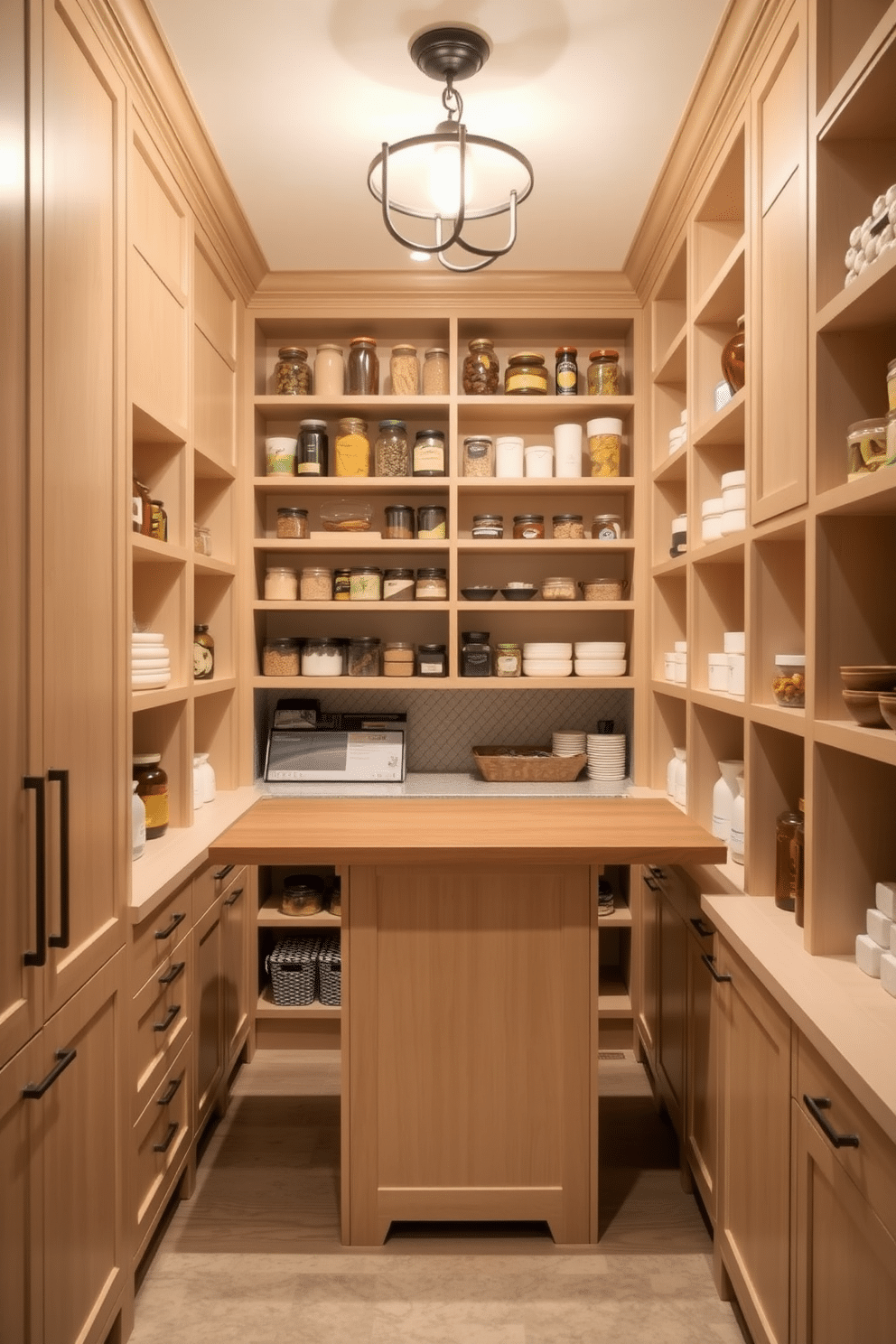 A spacious pantry featuring a fold-down table for meal prep, seamlessly integrated into the cabinetry. The walls are lined with open shelving, filled with organized jars and containers, while a stylish light fixture illuminates the area.