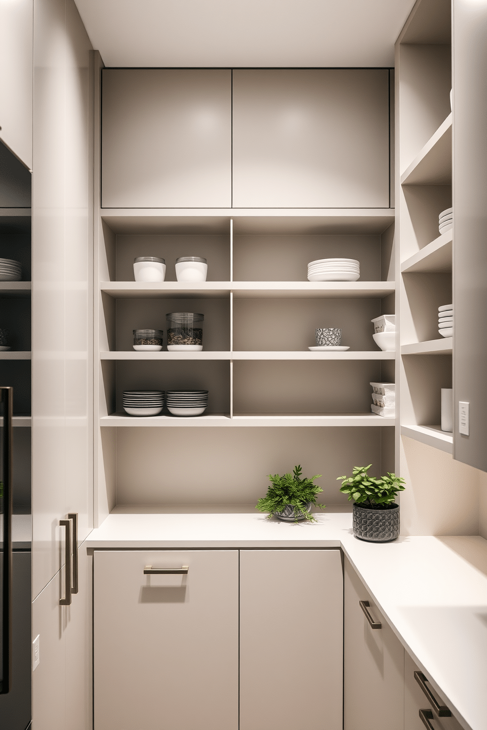 A minimalist pantry featuring sleek cabinetry with a smooth, matte finish. The design includes open shelving for easy access to essentials, complemented by subtle lighting that highlights the clean lines and organized layout. The cabinetry is adorned with discreet handles, maintaining a seamless appearance. A neutral color palette enhances the spacious feel, while a small herb garden on the countertop adds a touch of greenery.