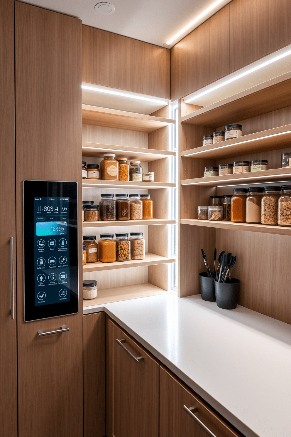 A modern smart pantry featuring integrated technology for convenience and efficiency. The design includes a sleek, built-in touchscreen panel that controls lighting and inventory management, alongside spacious shelving for organized storage. The cabinetry is finished in a light wood with soft-close mechanisms, complemented by a minimalist countertop for meal prep. LED strip lighting illuminates the space, highlighting the neatly arranged jars and containers for a clean, contemporary look.